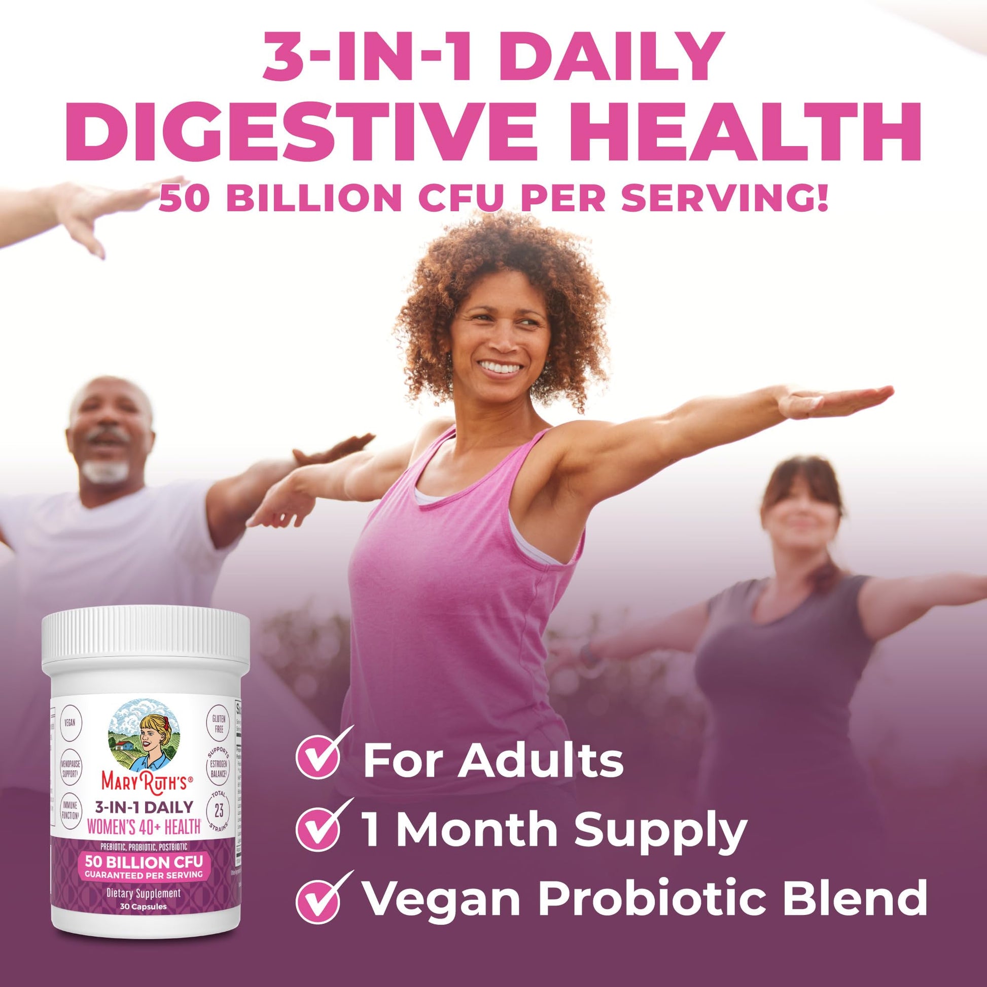 MaryRuth's 3-in-1 Daily Health 40+ Probiotics for Women | Hormonal & Menopause Support Supplement for Women | Gut Health Capsules | 50 Billion CFU | Allergen Free | 30 Ct MARYRUTH'S buy supplements canada