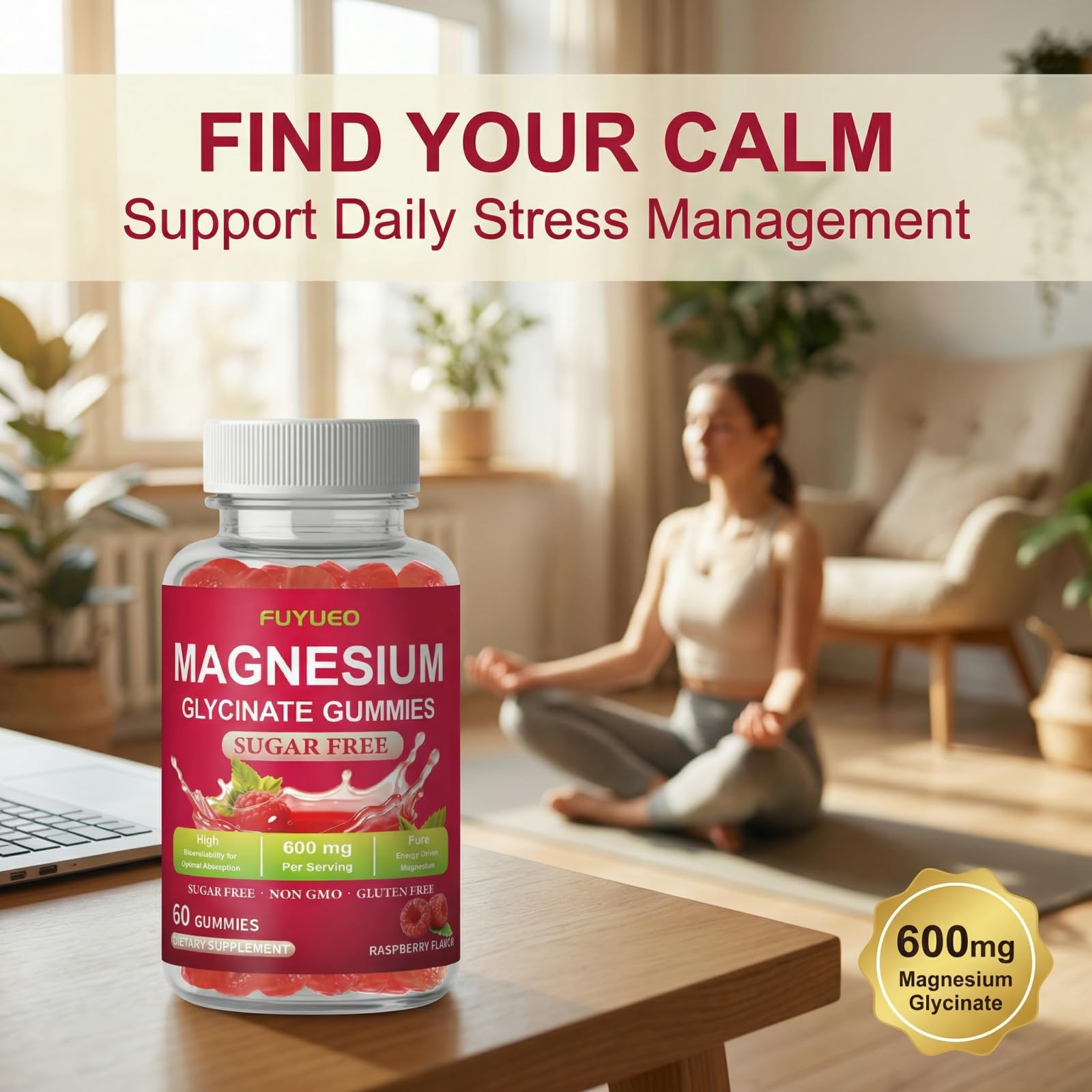 FUYUEO Magnesium Glycinate Gummies for Sleep & Relaxation, Sugar Free High Absorption Magnesium Supplement for Men & Women, Gentle on Stomach, Chewable, Raspberry, 60 Count (Pack of 1) FUYUEO buy supplements canada