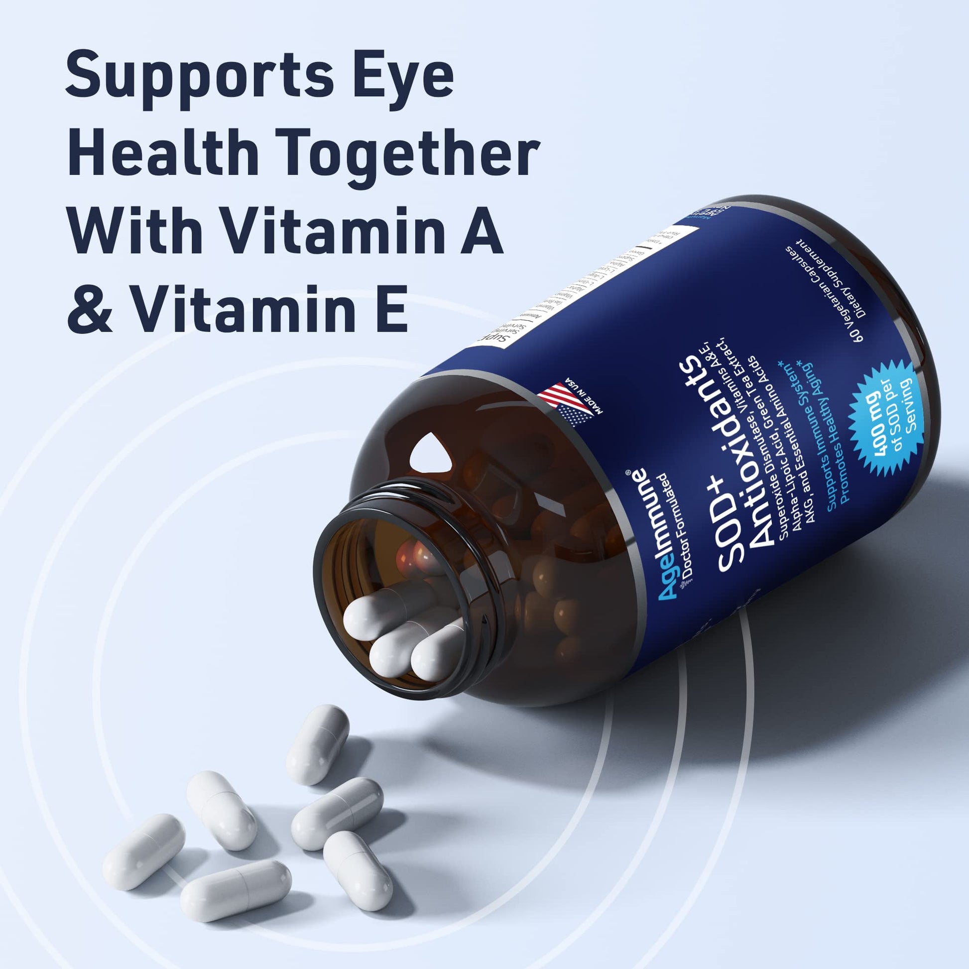 SOD Antioxidants Complex Healthy Aging Supplement - 400mg of Superoxide Dismutase - Alpha Lipoic Acid - L-Arginine -Lysine - AKG - Vitamin A - Vitamin E for Immune Support-60 Capsules AgeImmune buy supplements canada