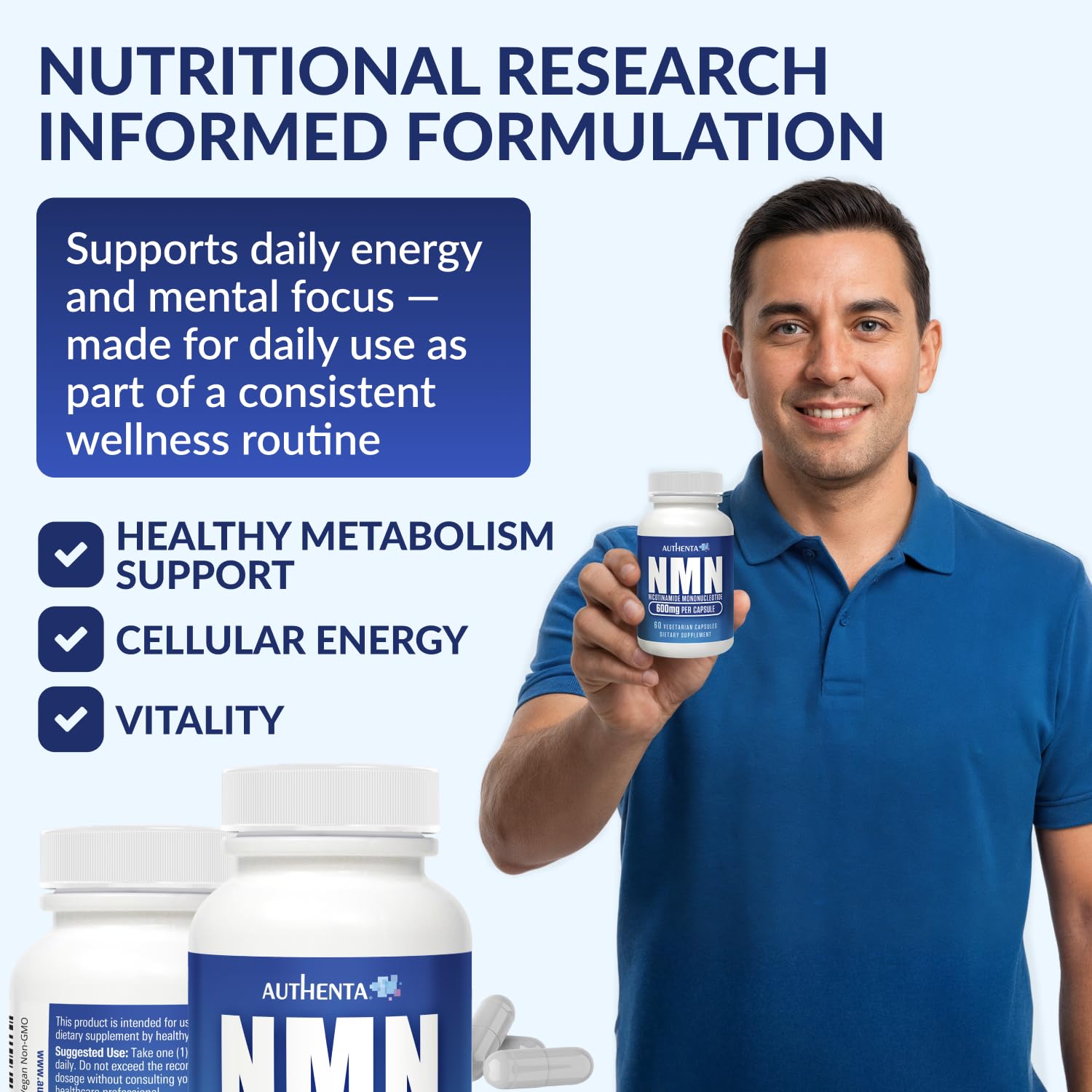 NMN Supplement 600 mg/Capsule Once Daily | 99% Pure Beta Nicotinamide Mononucleotide | Potent NAD⁺ Precursor | Supports Cellular Energy & Metabolism | Vegan, Non-GMO, Third-Party Tested & Gluten-Free AUTHENTA buy supplements canada