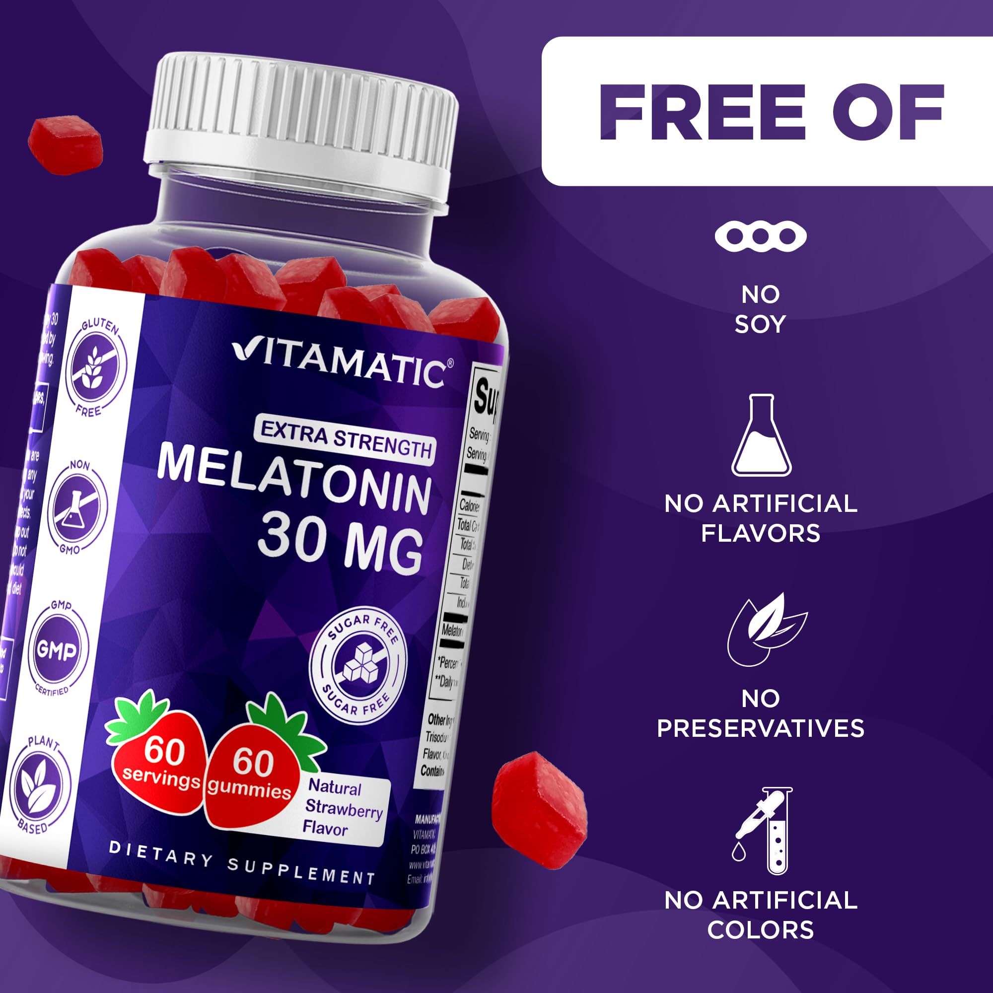 Vitamatic Sugar Free Melatonin 30mg per Gummy - 60 Servings - 60 Vegetarian Gummies - Non-Habit Forming Supplement (60 Count (Pack of 1)) Vitamatic buy supplements canada