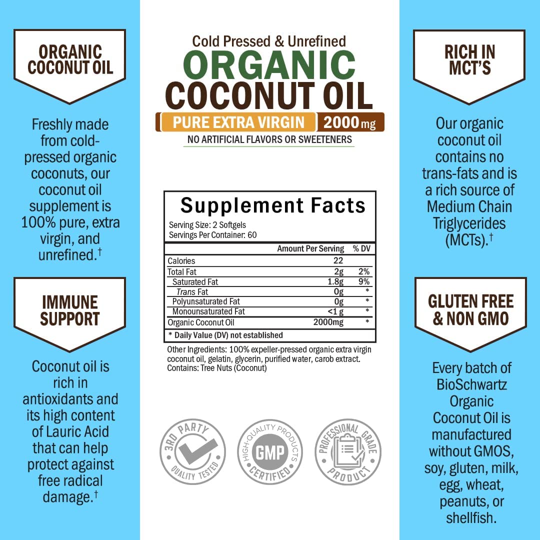 Coconut Oil Capsules 2000mg - Organic Pure Extra Virgin Unrefined Cold Pressed MCT BioSchwartz buy supplements canada