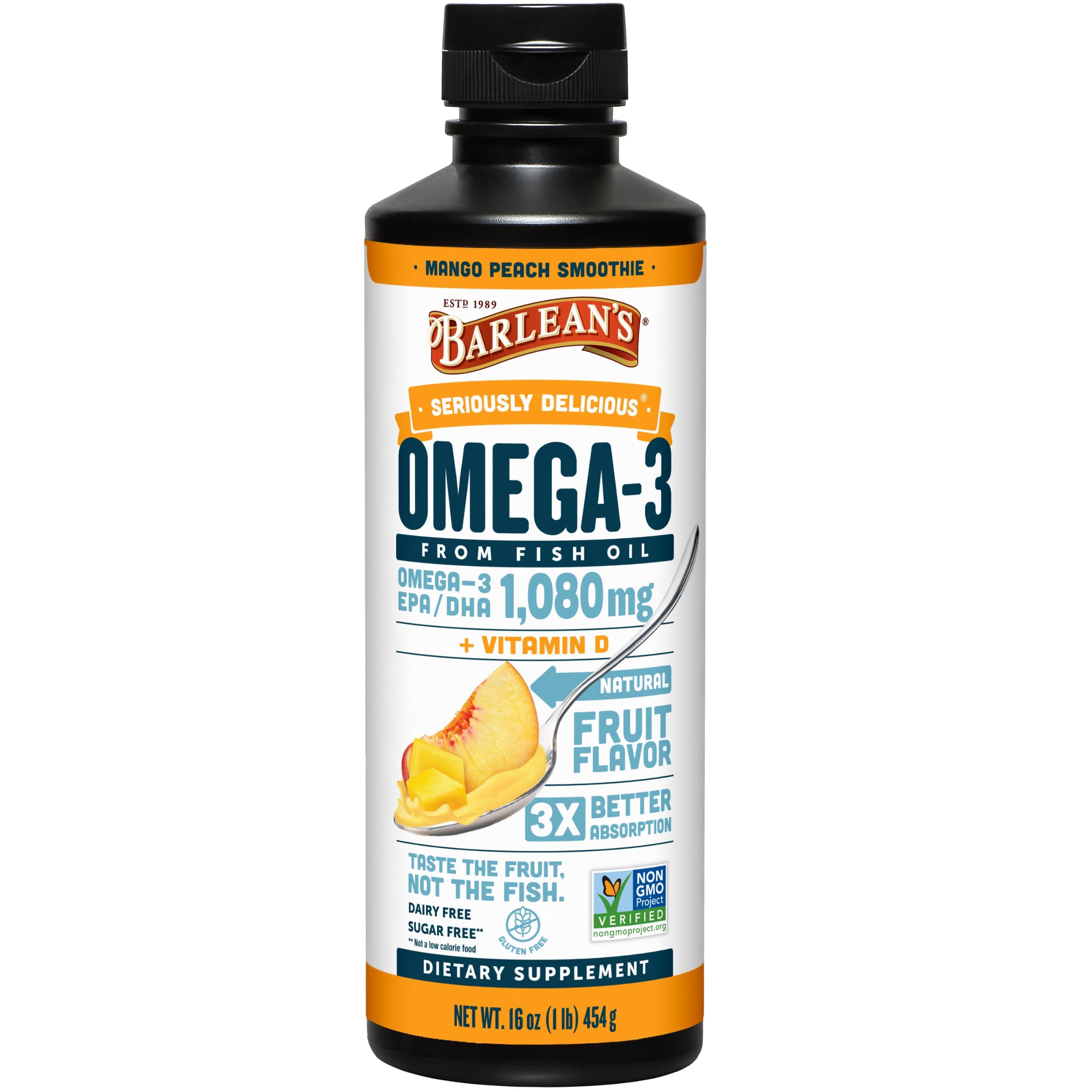 Barlean's Omega 3 Fish Oil Liquid Supplement with Vitamin D for Men and Women, 1080mg of EPA and DHA Fatty Acid, Promotes Brain & Heart Health - Non-GMO, Mango Peach, 16 oz Barlean's buy supplements canada