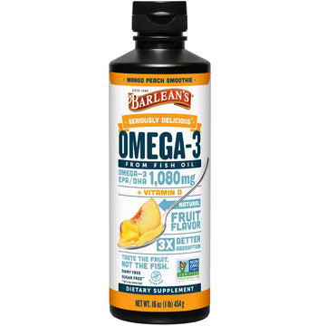 Barlean's Omega 3 Fish Oil Liquid Supplement with Vitamin D for Men and Women, 1080mg of EPA and DHA Fatty Acid, Promotes Brain & Heart Health - Non-GMO, Mango Peach, 16 oz Barlean's buy supplements canada
