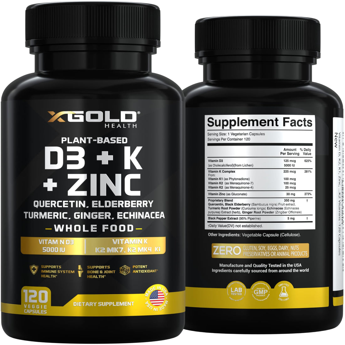 Vitamin D, K2, K1, Zinc, Quercetin, Elderberry, Turmeric, Ginger & Echinacea Whole Food Supplement 8 in 1- D3 5000 IU Plant-Based from Lichen, Vitamin K (K2 MK7, MK4, K1) X Gold Health buy supplements canada