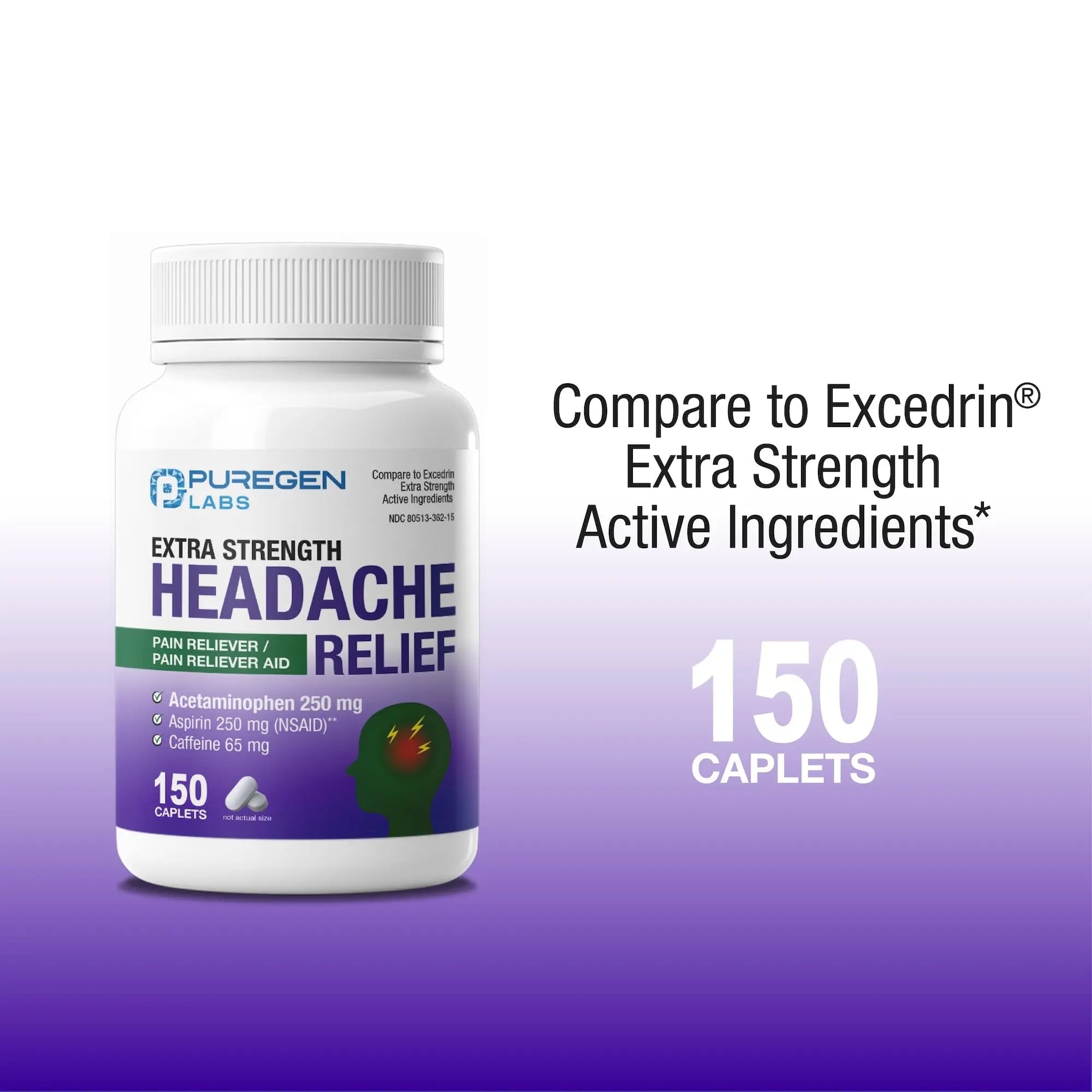 Puregen Labs Extra Strength Headache Caplets, Aspirin 250 mg (NSAID), Caffeine 65 mg, 150 Count P Puregen Labs buy supplements canada