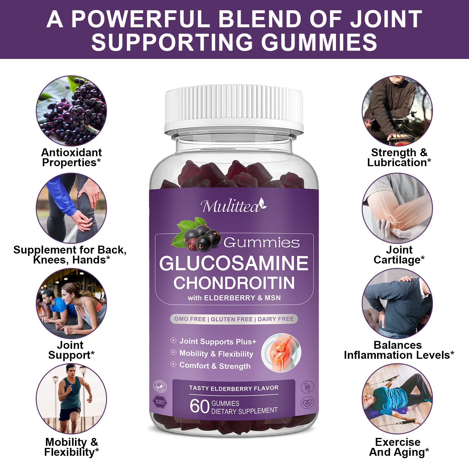 Mulittea Glucosamine Chondroitin Gummies - Extra Strength Joint Support Supplement with MSM & Elderberry for Natural Joint, Antioxidant Immune Support for Adults, Men & Women-(2 Pack) Mulittea buy supplements canada