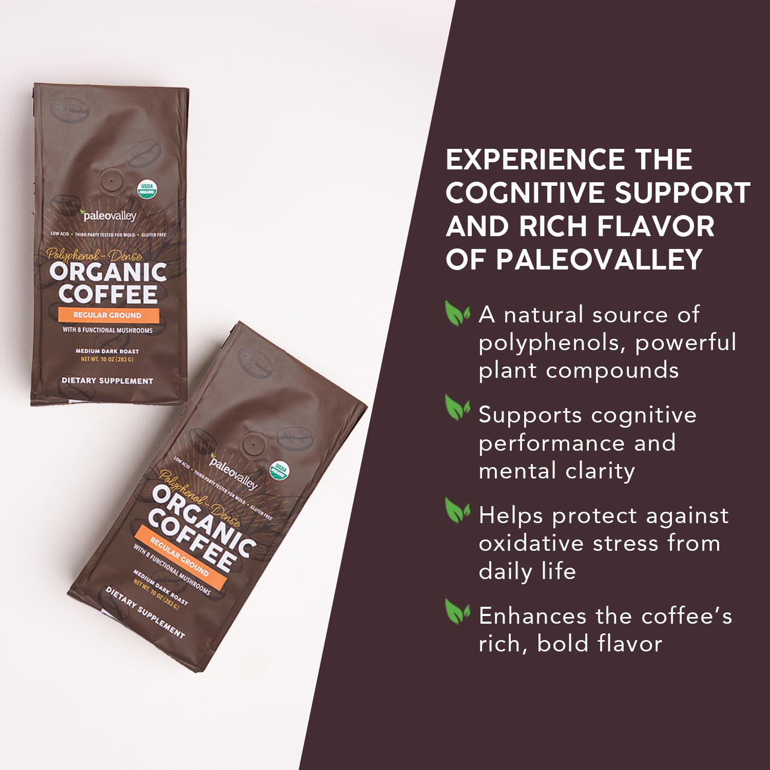 Paleovalley Organic Ground Coffee, 10oz - Regular, Low Acid, Single-Origin, Polyphenol-Rich, Infused with Mushrooms Paleovalley buy supplements canada