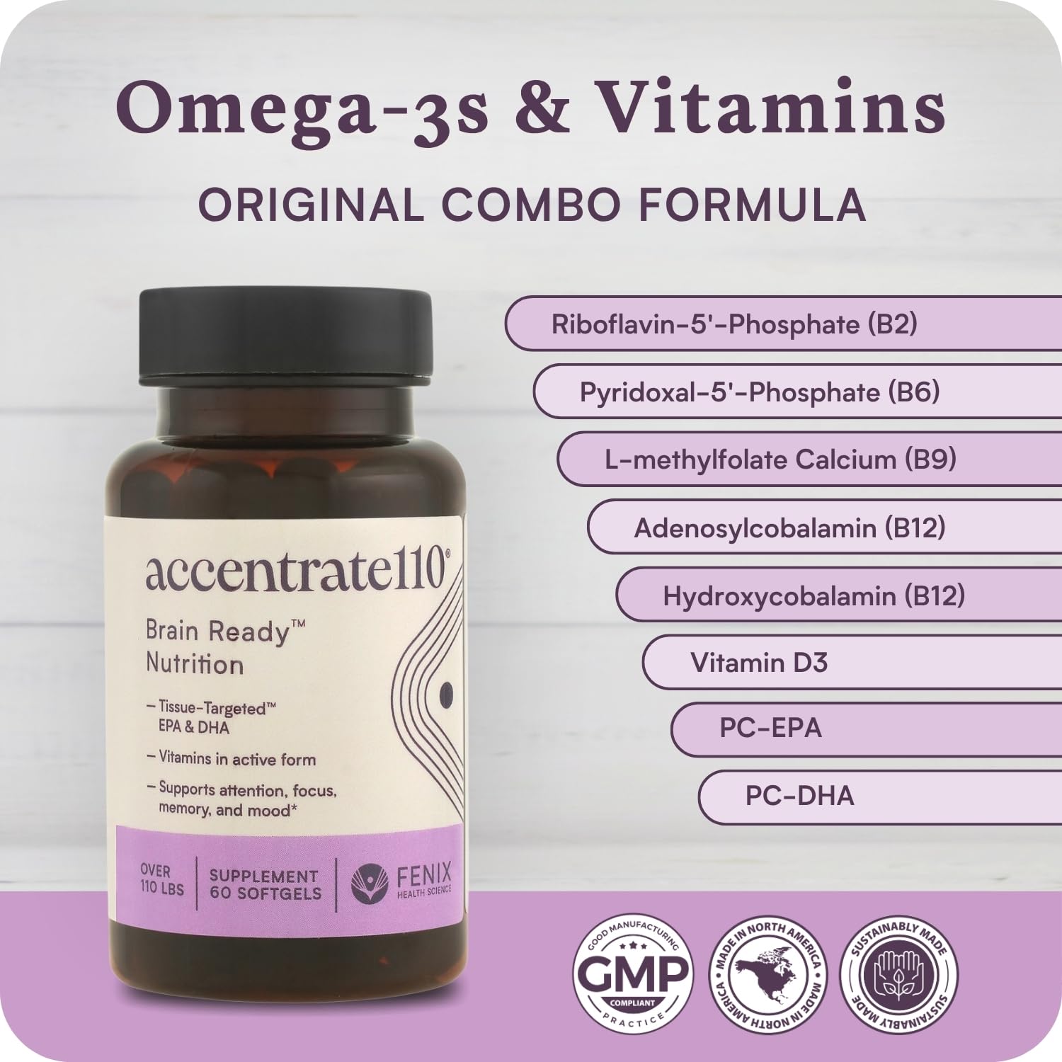 Accentrate110 - Focus Supplement - Methylated Vitamin B Complex with Omega 3 Fatty Acid Supplement - L-Methylfolate, Vitamin B12, P-5-P, Riboflavin, VIT D, – 60 Softgels (1 Month Supply) Accentrate buy supplements canada