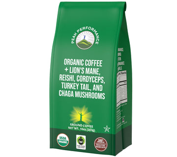 Organic Low Acid Mushroom Coffee with Lion's Mane, Reishi, Cordyceps, Turkey Tail, and Chaga Mushrooms - Great Tasting Premium High Altitude Medium Roast Ground Bags 10 oz by Peak Performance Peak Performance buy supplements canada