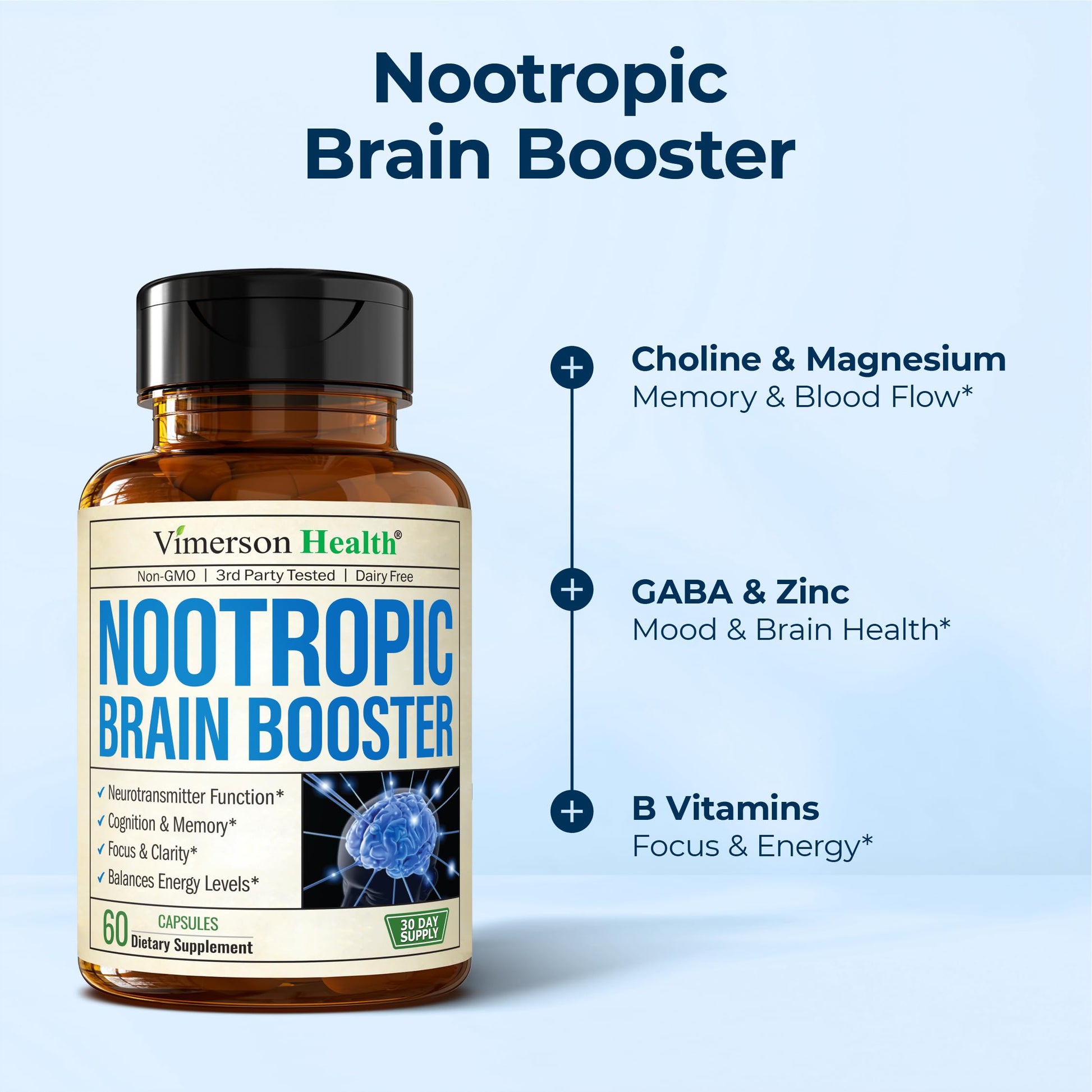 Nootropics Brain Support Supplement - Nootropic Brain Booster for Improved Focus, Concentration & Memory. Brain Nootropic for Brain Health, Mood & Energy Support. Non-GMO. Made in the USA. 60 Capsules Vimerson Health buy supplements canada