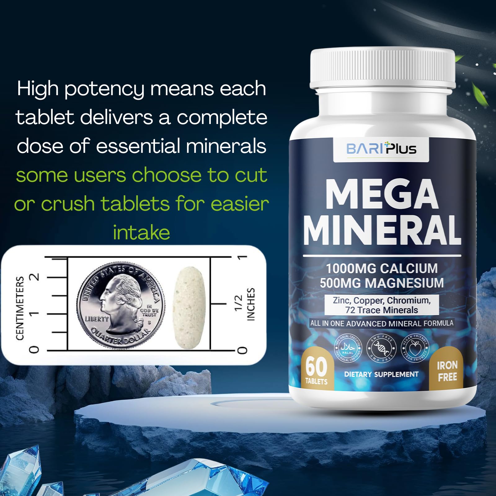 Mega Mineral – Complete Complex with Vitamin D, Calcium, Magnesium, Zinc, Potassium, Boron, Selenium, Chromium & Trace Minerals – Iron-Free – USA Made – 60 Tablets BARIPLUS buy supplements canada