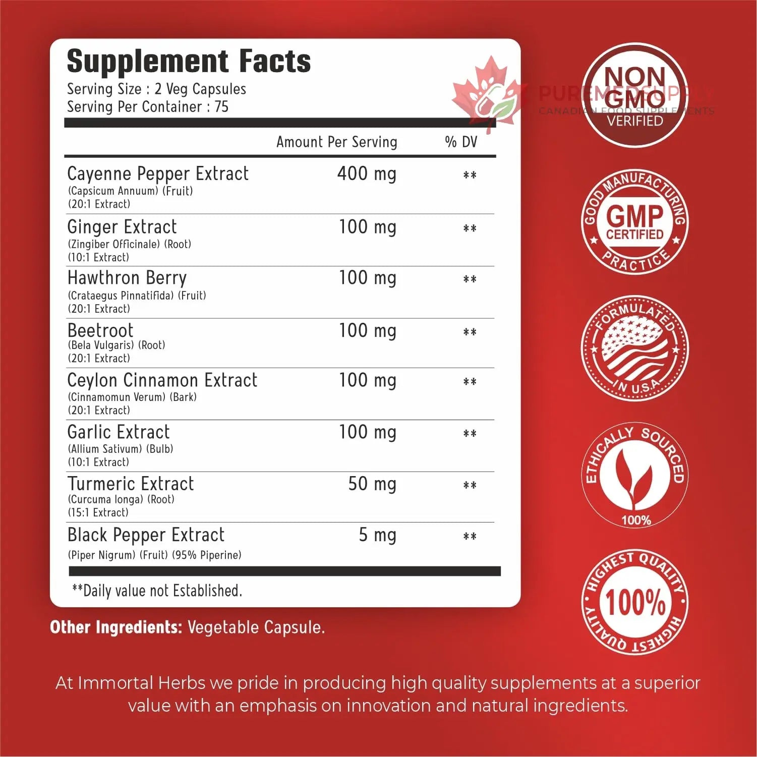 Immortal Herbs Cayenne Pepper Capsules w/Garlic, Ginger, Hawthorn, Turmeric, Cinnamon, Beet Root and Black Pepper Extract, 150 Cayenne Capsules, Non-GMO & Gluten Free Capsaicin Supplement Immortal Herbs buy supplements canada
