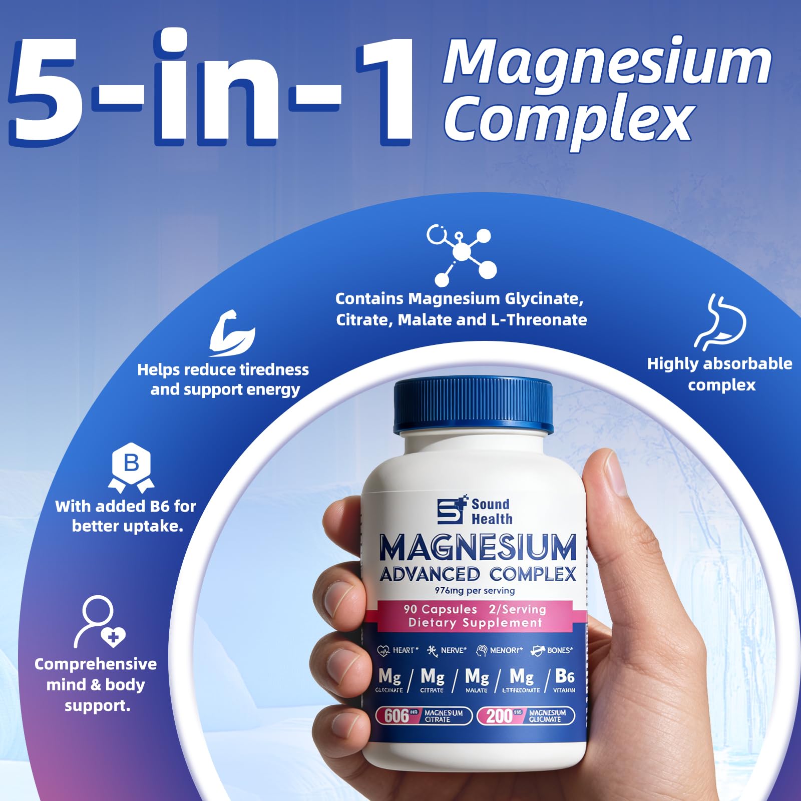 Magnesium Complex Capsule 5 in 1 Magnesium Supplement from Magnesium Glycinate, Citrate, Malate, L-Threonate & Vitamin B6, High Absorption Magnesium Supplement, Non-GMO, Vegan Sound Health Plus buy supplements canada