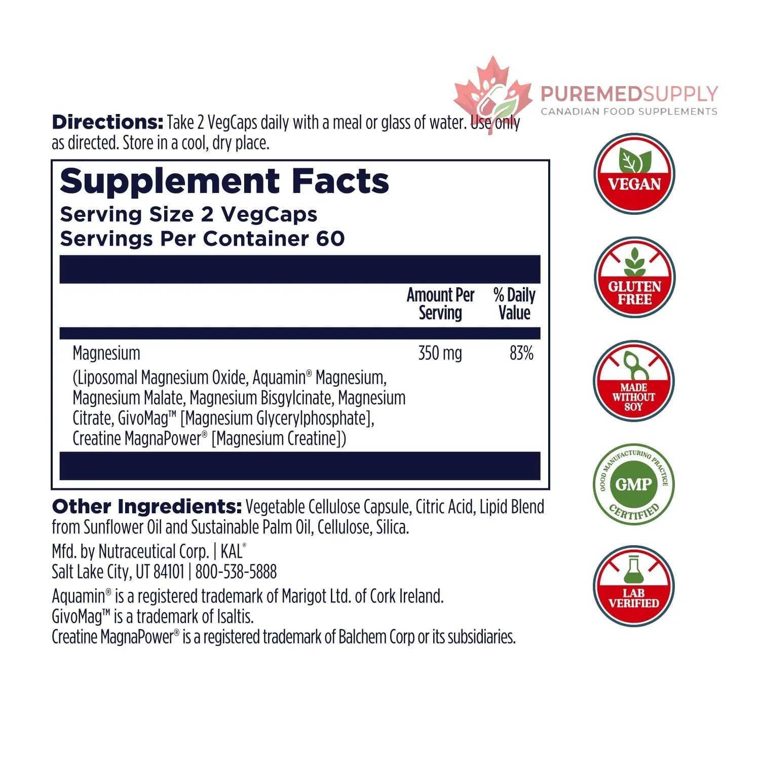 KAL Magnesium Complex 7 - Total Complex with Magnesium Glycinate, Citrate, Malate and More - Relaxation and Whole Body Support Supplements - Vegan, 60-Day Guarantee - 60 Servings - 120 VegCaps KAL buy supplements canada