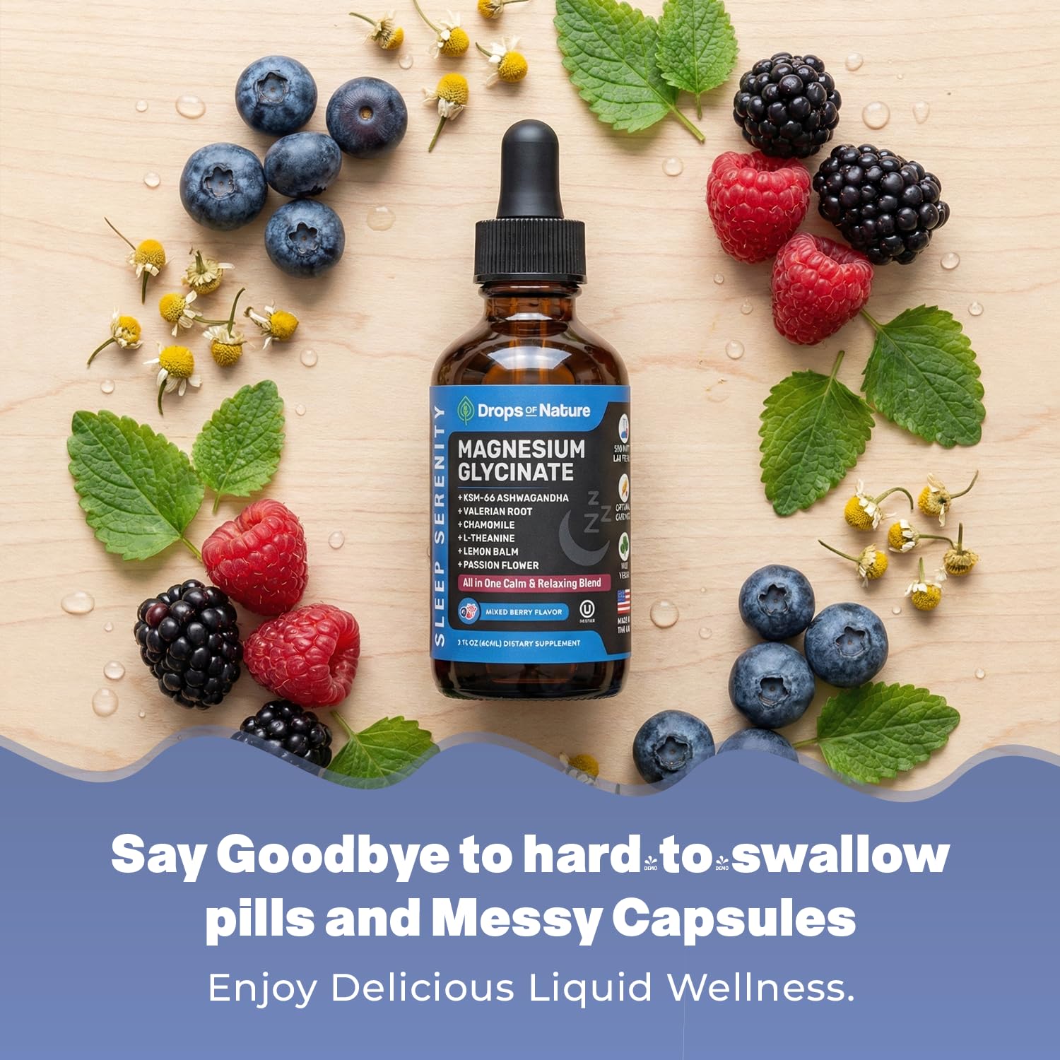 Magnesium Glycinate & Ashwagandha Liquid Drops with Valerian Root, Chamomile, Passion Flower, Lemon Balm & L-Theanine - Vegan Fast Absorption - Supplement for Wellness & Relaxation (Mixed Berry, 60mL) Drops Of Nature buy supplements canada