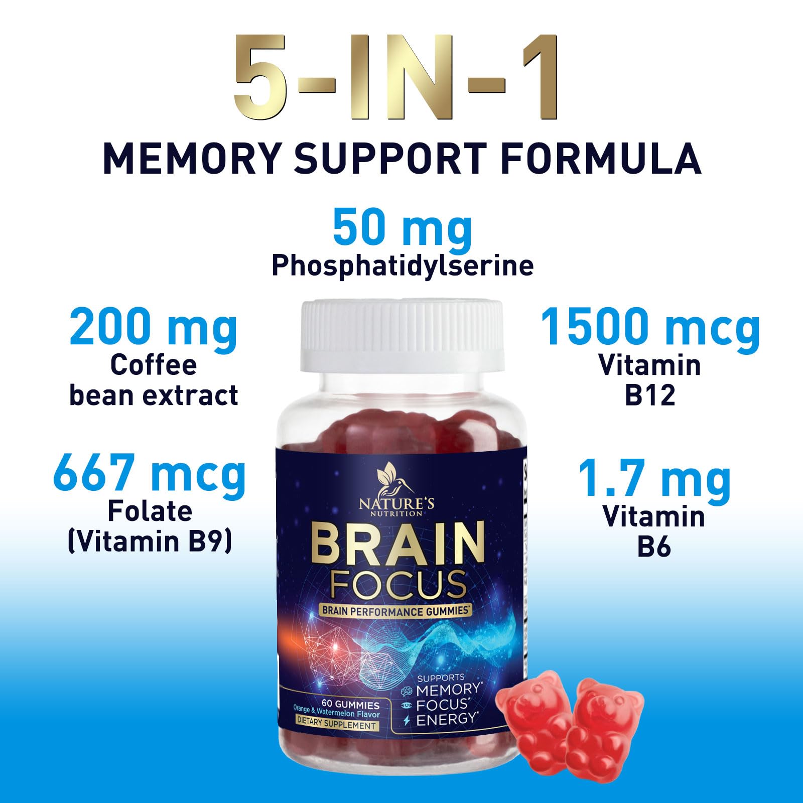 Brain Supplements for Memory and Focus with Phosphatidylserine, Nootropic Memory Supplement Gummy for Brain Health, Concentration, Mental & Cognitive Support, Focus Vitamins with B6 & B12-60 Gummies Nature's Nutrition buy supplements canada