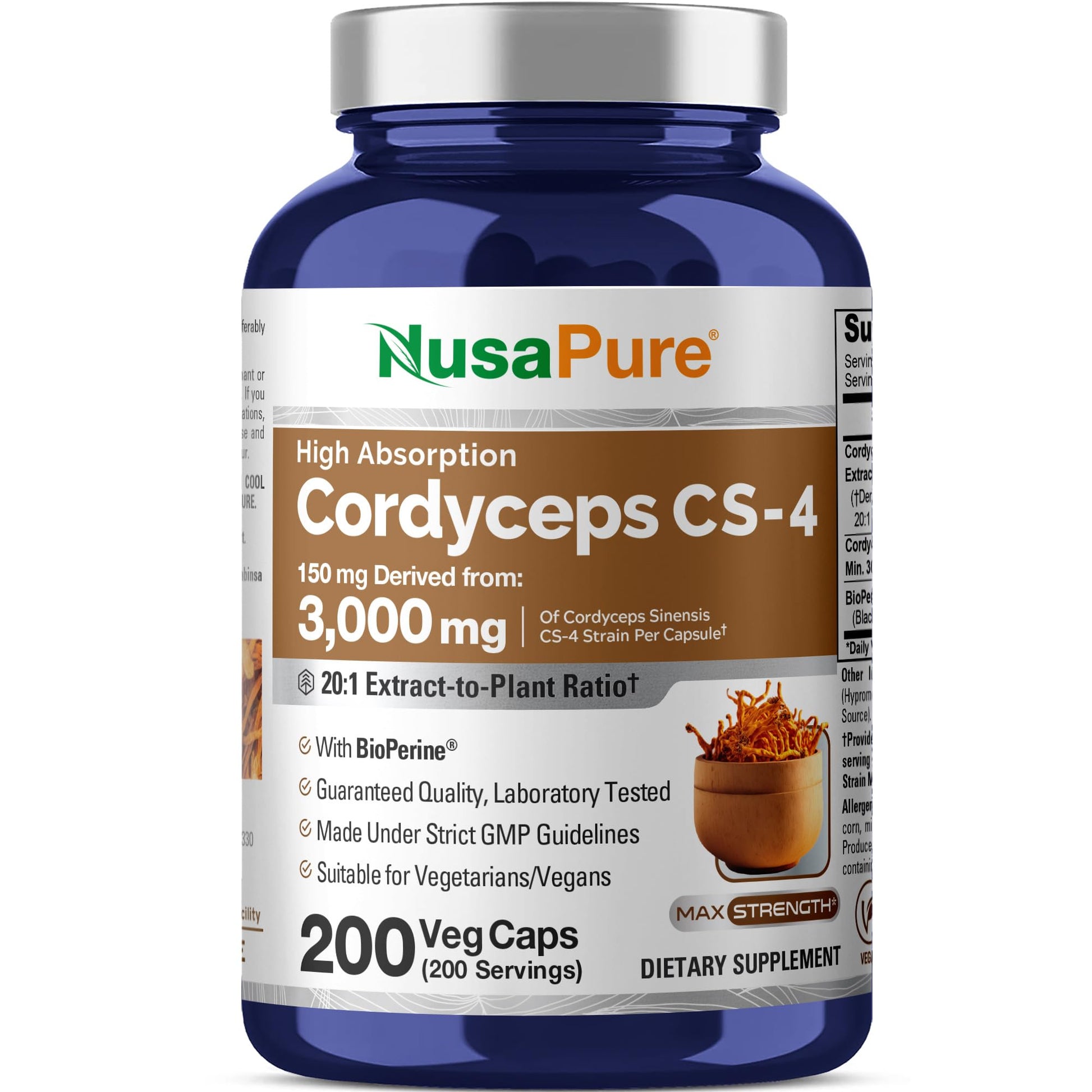 NusaPure Cordyceps 20:1 Extract, 150 mg Equivalent to 3,000mg 200 Veggie Capsules (Sinensis CS-4, Non-GMO, Vegan) Bioperine NusaPure buy supplements canada