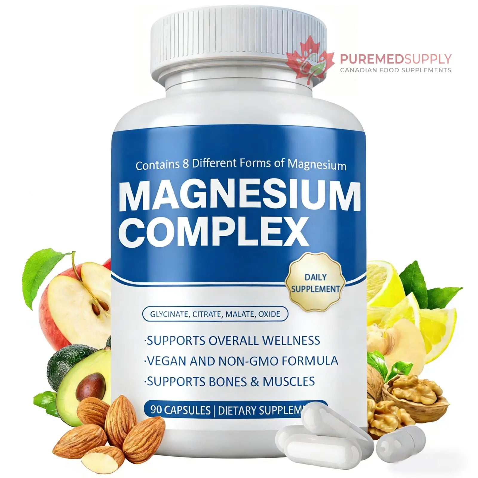 Magnesium Complex Supplement 8 Elemental - Magnesium Glycinate, Citrate, Malate, Oxide | Easy Absorption for Bones, Muscle, Energy, Vegan, Non-GMO 90 Capsules (1pc) OFHOFH buy supplements canada