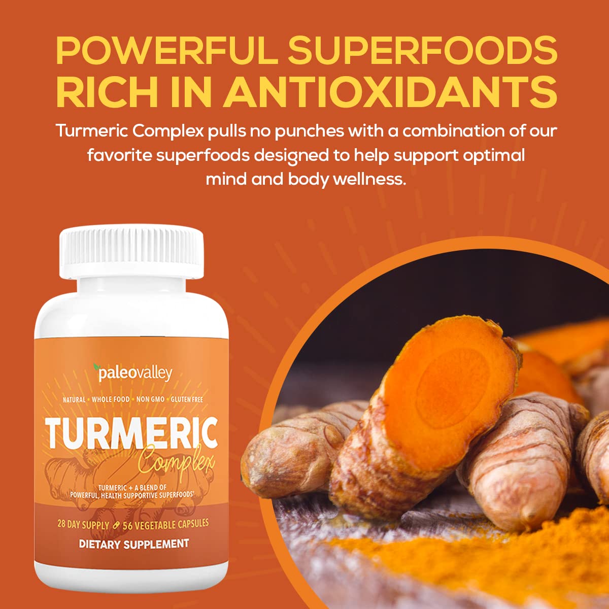Paleovalley - Organic Turmeric Complex - Full Spectrum Organic Turmeric with Health-Supportive Superfoods - 56 Vegetarian Capsules - Support Joints, Immunity, Brain and Heart Health Paleovalley buy supplements canada