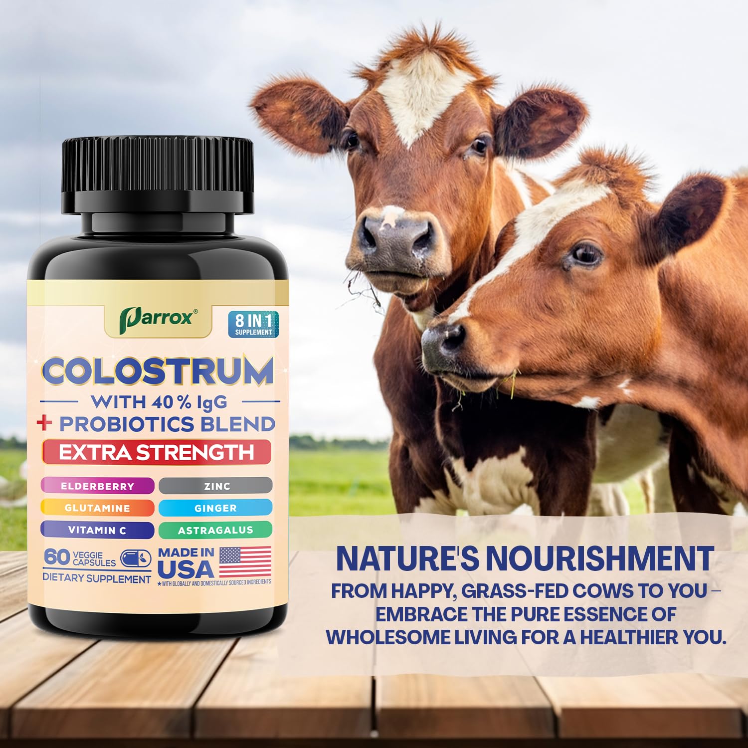 Parrox Colostrum Supplement Capsules, Grass Fed Cow Colostrum with 40% IgG, Probiotics Blend, Elderberry, Astragalus, Zinc, Ginger, Vitamin C, L-Glutamine, 8 in 1 Extra Strength Bovine Boost (60 Caps) Parrox buy supplements canada