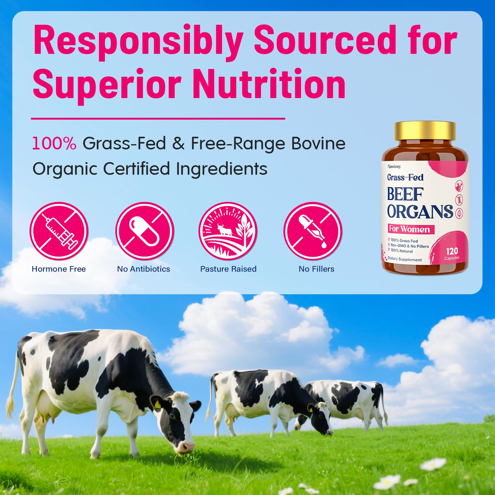 12-In-1 Beef Organ Supplement for Women - Beef Liver, Uterus, Kidney, Heart, Pancreas, 5 Vitamins & 2 Herbs, Hormone Balance, Menstruation, Energy, Immune - 100% Grass Fed, Pasture Raise - 120 Caps Nassiouy buy supplements canada