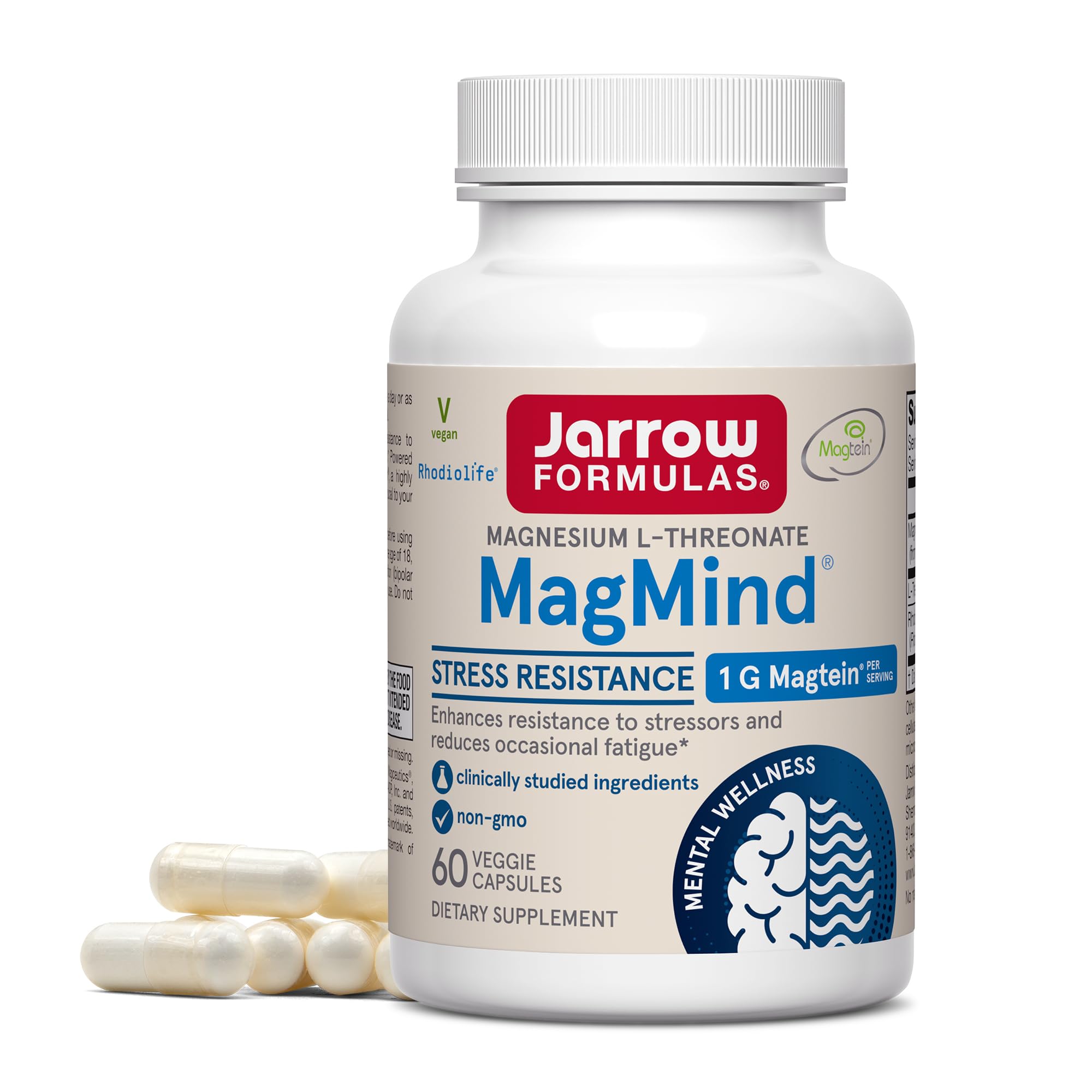 Jarrow Formulas Magnesium L-Threonate, MagMind Stress Resistance with L-Theanine and Rhodiolife, High Absorption Magnesium, Stress Relief and Mood Support, 60 Veggie Capsules, Up to a 30 Day Supply Jarrow Formulas buy supplements canada
