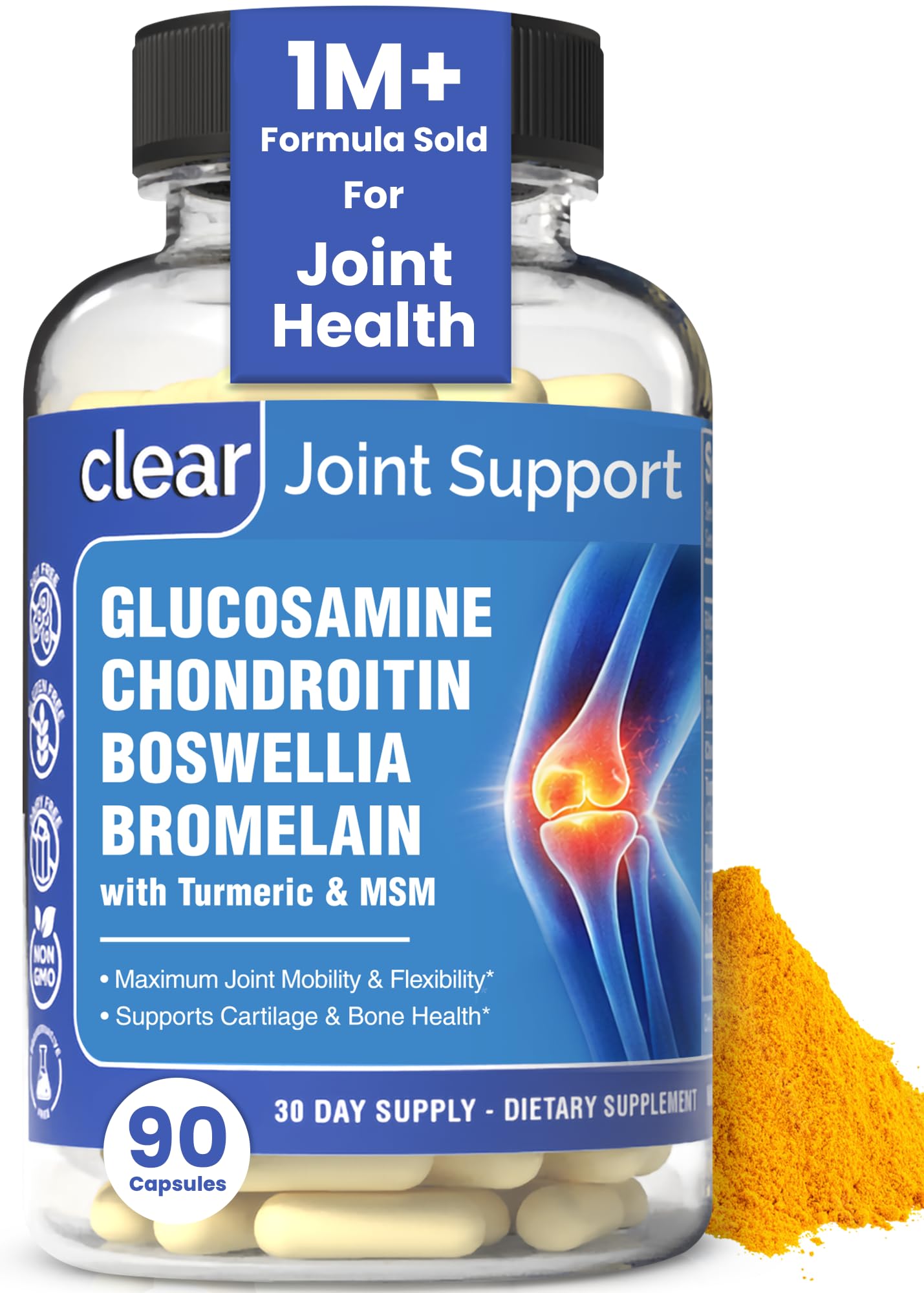 Clear Joint Support - 1500mg Glucosamine Chondroitin MSM - 8 in 1 Joint Health Supplement with Turmeric and Boswellia for Men & Women, Knee, Hip & Back Support, Made in USA, 90 Capsules Clear Probiotics buy supplements canada