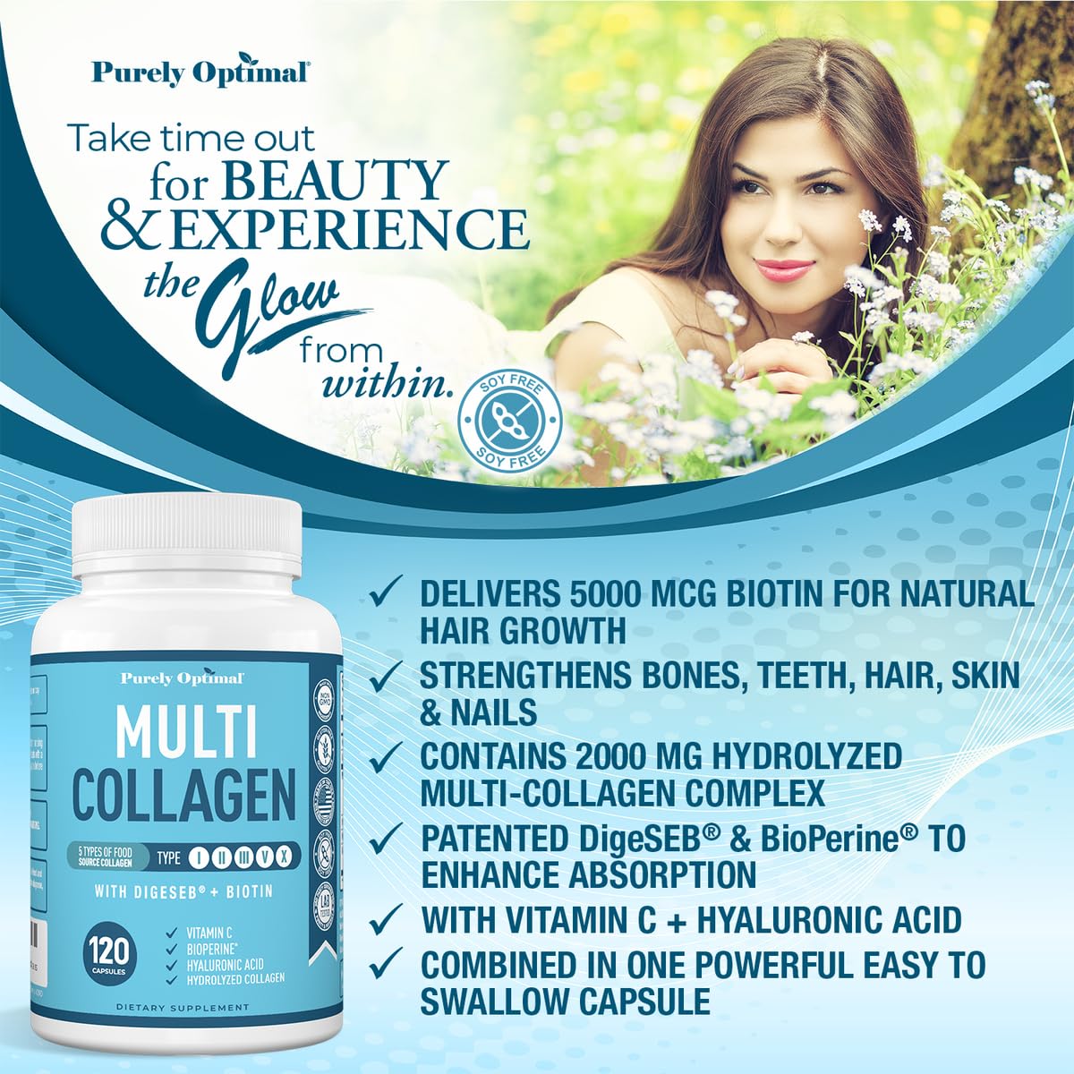 Premium Multi Collagen Peptides (Types I, II, II, V, X) - Collagen Pills for Skin Care, Hair Growth, Nails & Joints - Vitamin C, Hyaluronic Acid Purely Optimal buy supplements canada