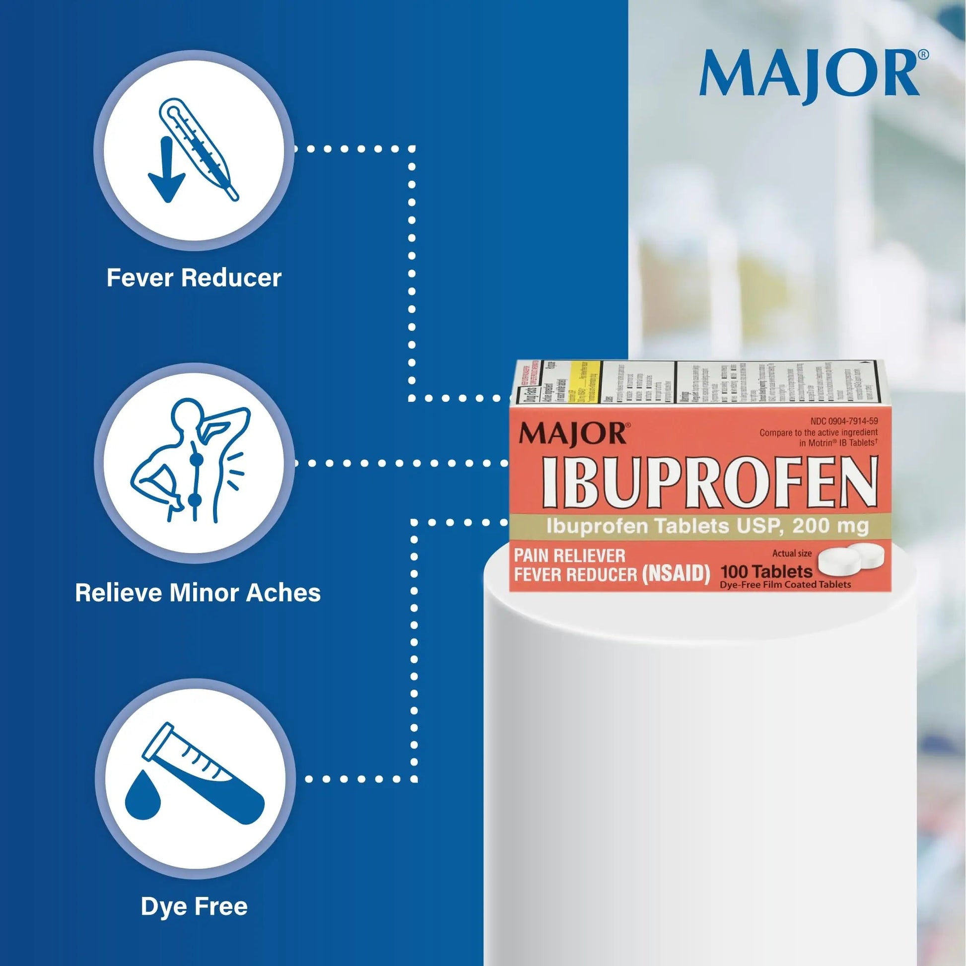 MAJOR Dye-Free Ibuprofen Tablets 200 mg - Helps Temporarily Reduce Fevers - Offers Pain Relief - 100 Tablets (1-Pack) MAJOR buy supplements canada