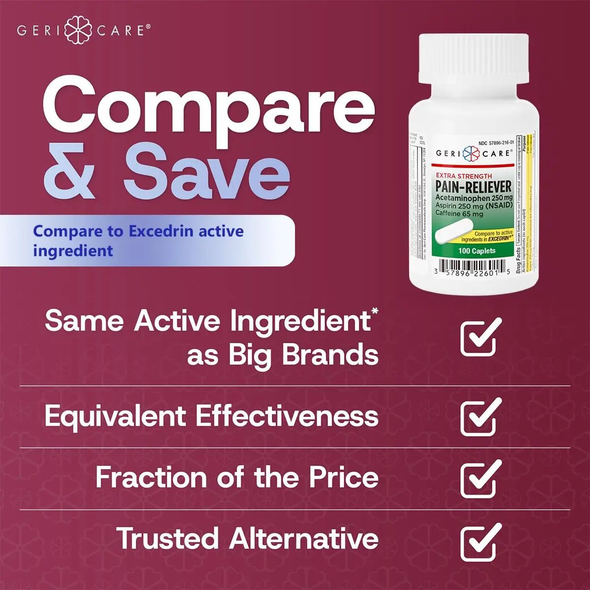 GeriCare Pain Reliever Extra Strength Caplets – 100 Count – Acetaminophen 250mg, Aspirin 250mg (NSAID), Caffeine 65mg – Powerful Triple-Action Formula for Headaches, Migraines & Minor Aches (2 Pack) GeriCare buy supplements canada