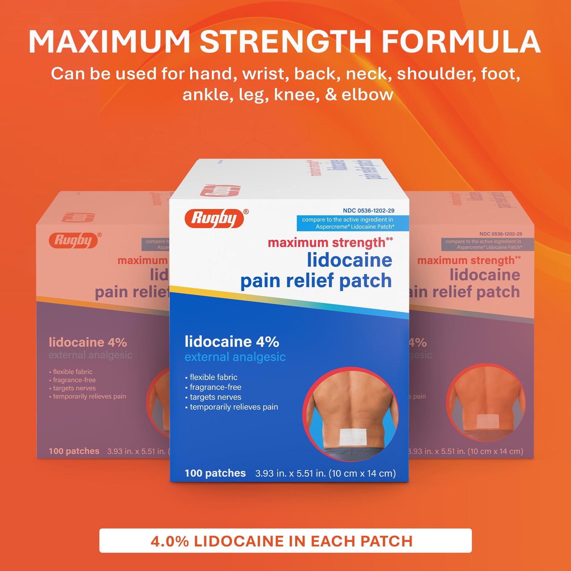 Rugby Maximum Strength 4% Lidocaine Pain Relief Patch- External Analgesic - Flexible Fabric, Fragrance-Free - Temporarily Relieves Pain - 100 Patches (10 cm x 14 cm Each) RUGBY LABORATORIES buy supplements canada