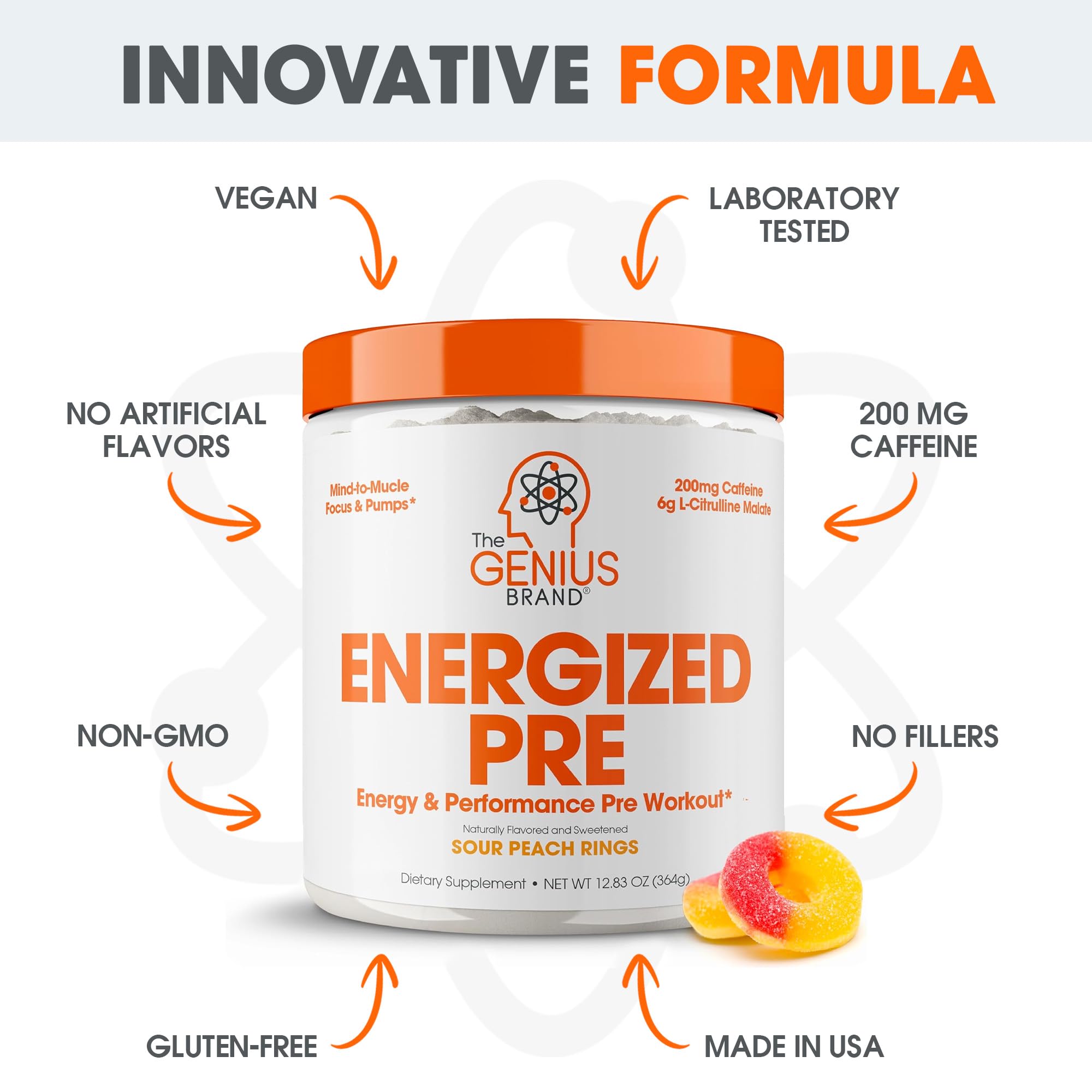 Genius Energized Pre Workout Powder – Caffeine Infused Pre-Workout Booster Supplement with Beta Alanine & Alpha GPC, No Artificial Sweeteners or Dyes - 200mg Caffeine, 20 Servings, Sour Peach Rings The Genius Brand buy supplements canada