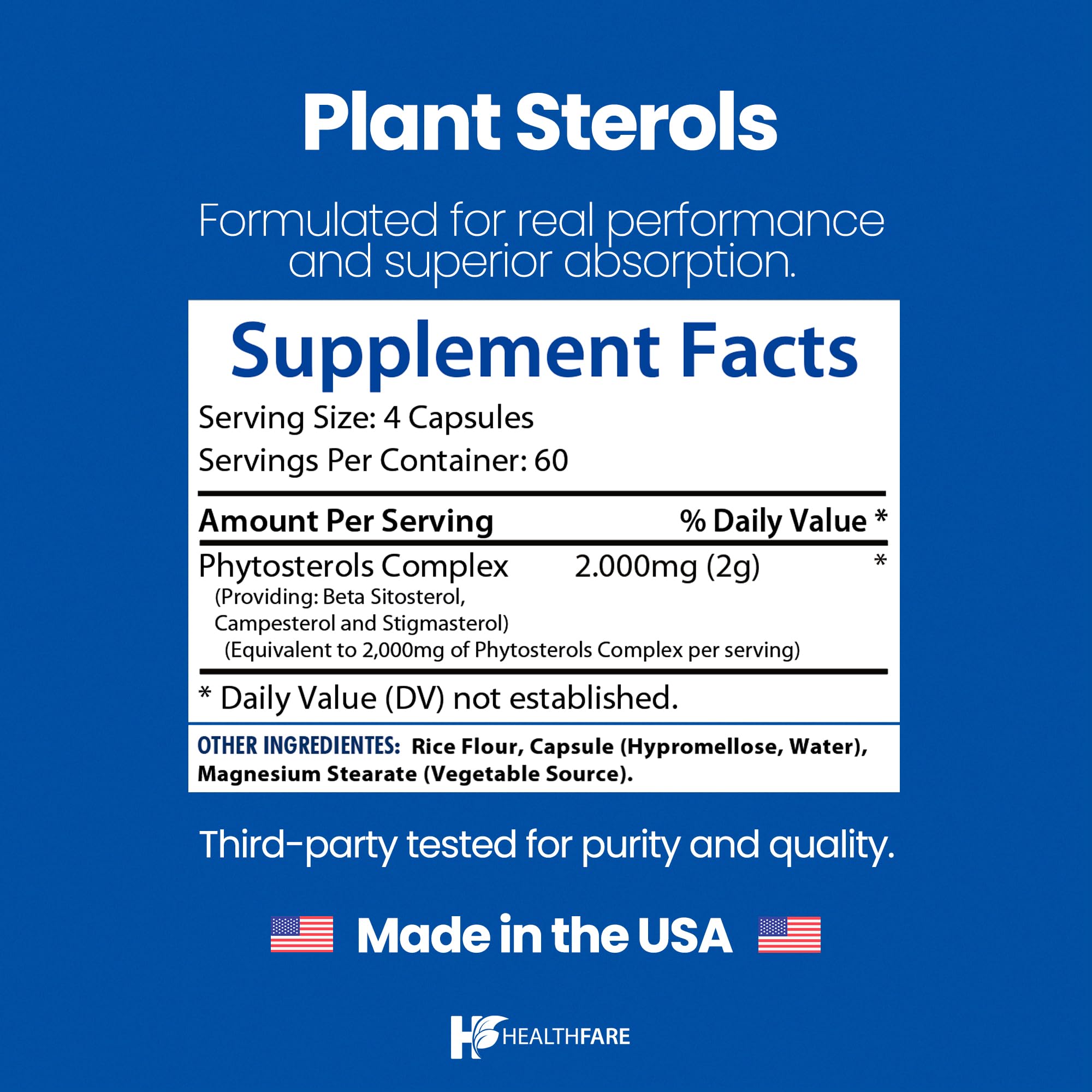 Healthfare Plant Sterols Capsules 2000mg | 240 Vegan Capsules | Beta Sitosterol & Phytosterol Complex | Plant-Based Supplement | Non-GMO & Gluten-Free | Made in the USA Healthfare buy supplements canada