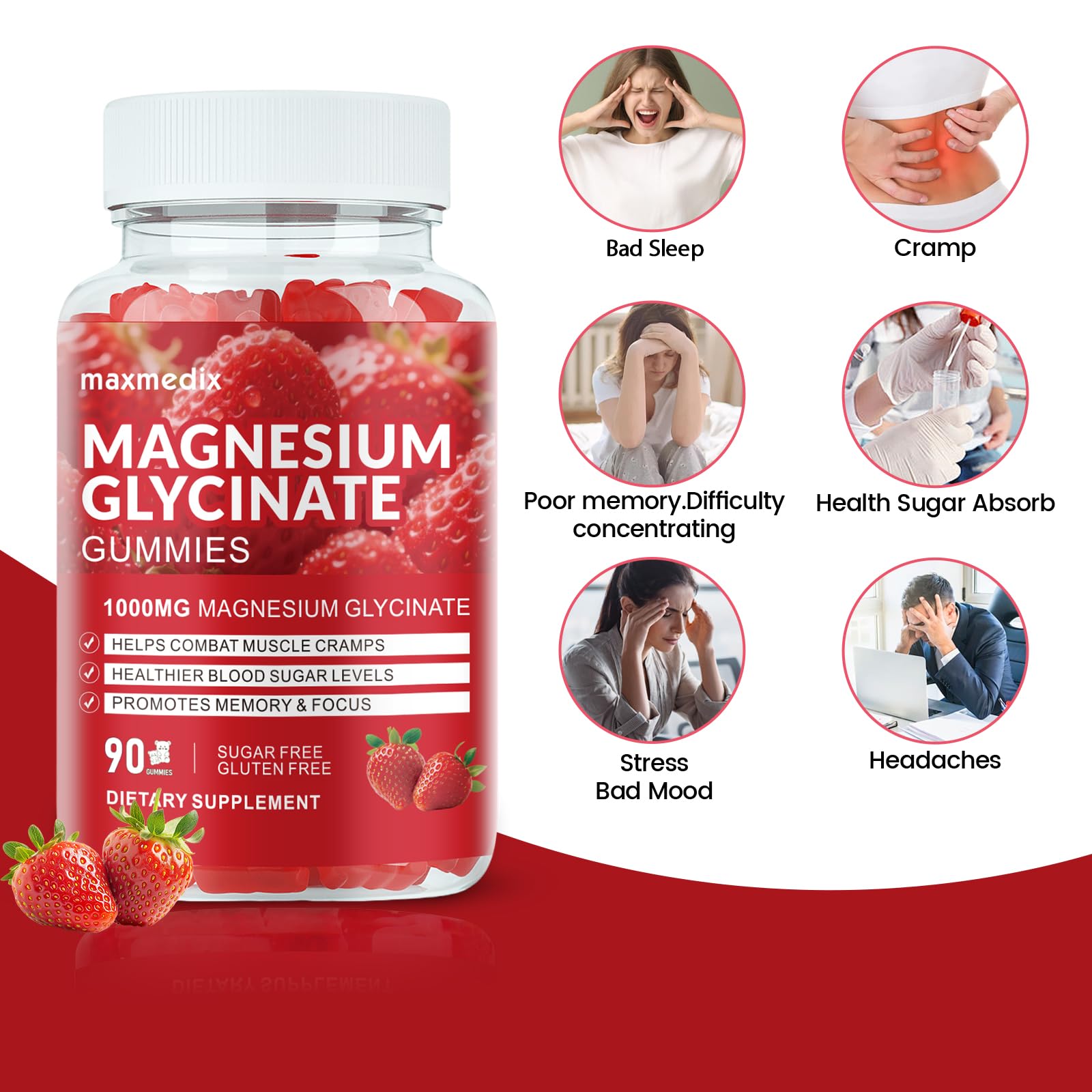 Magnesium Glycinate Gummies 1000mg, Sugar Free Magnesium Potassium Supplements Chewable for Adults with L-Threonate for Sleep, Body Support and Relaxation,90 Strawberry Gummies maxmedix buy supplements canada