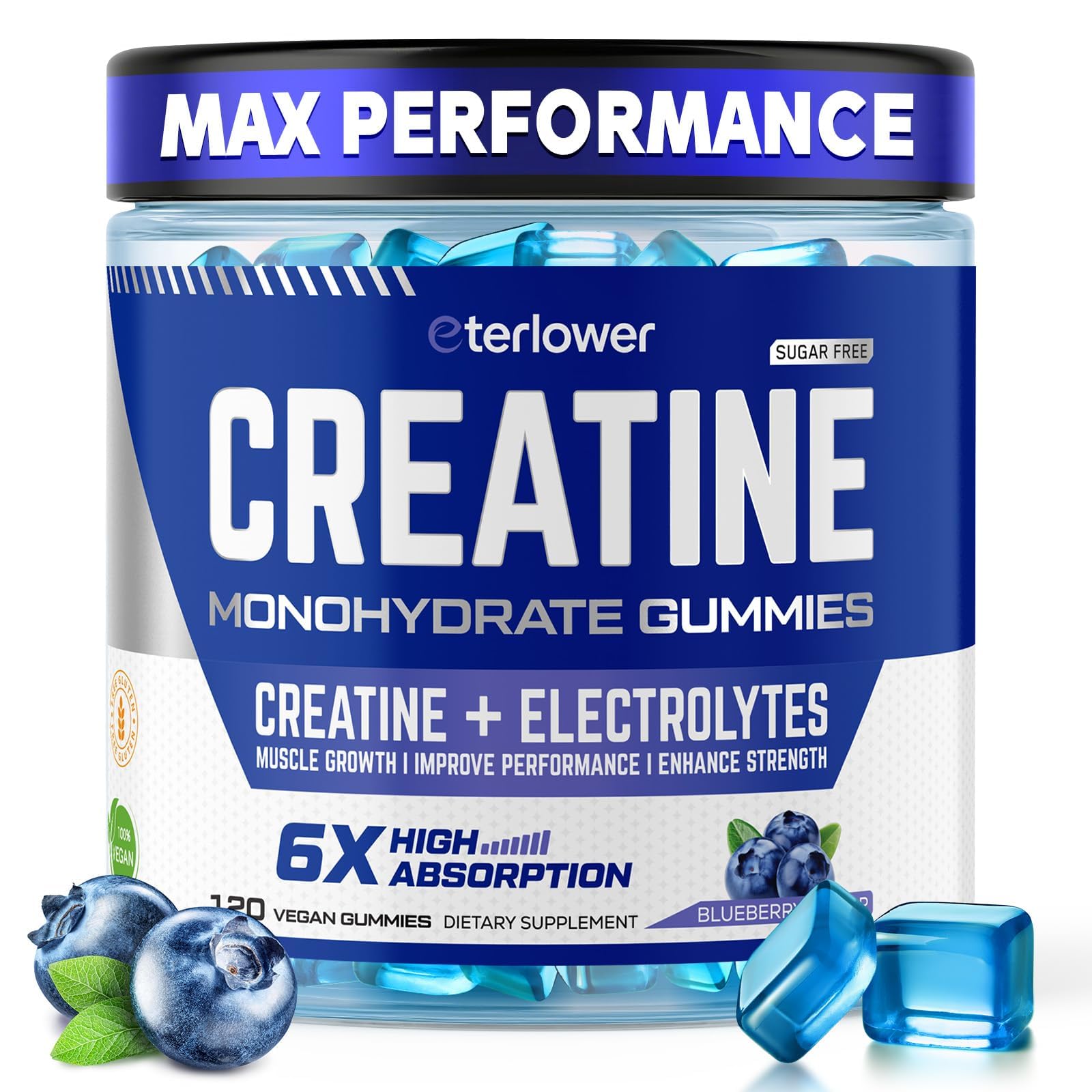 eterlower Creatine Monohydrate Gummies 5g – Pre-Workout Energy & Muscle Growth Support for Men & Women | Blueberry Electrolyte Gummies, 120 Count eterlower buy supplements canada