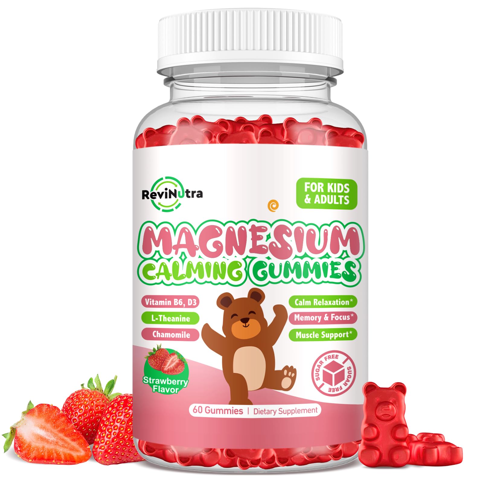 Magnesium Gummies for Kids - Magnesium Glycinate Gummies Supplement with L-Theanine, Vitamin B6, D3 for Kids & Adults Sleep, Calm, Relaxation, Brain, Bones, Sugar Free Strawberry 60ct ReviNutra buy supplements canada