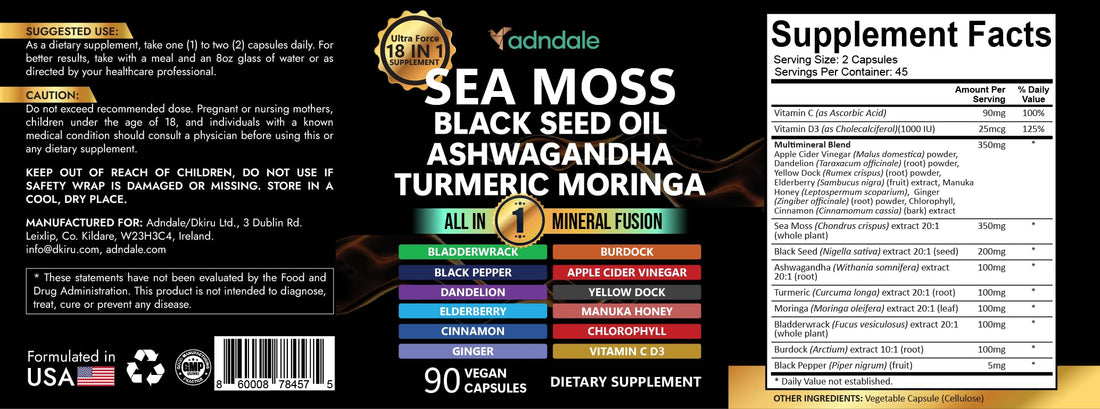 Adndale Sea Moss Capsules - Sea Moss Blend with Ashwagandha, Turmeric & Black Seed Oil - 180 Count Adndale buy supplements canada
