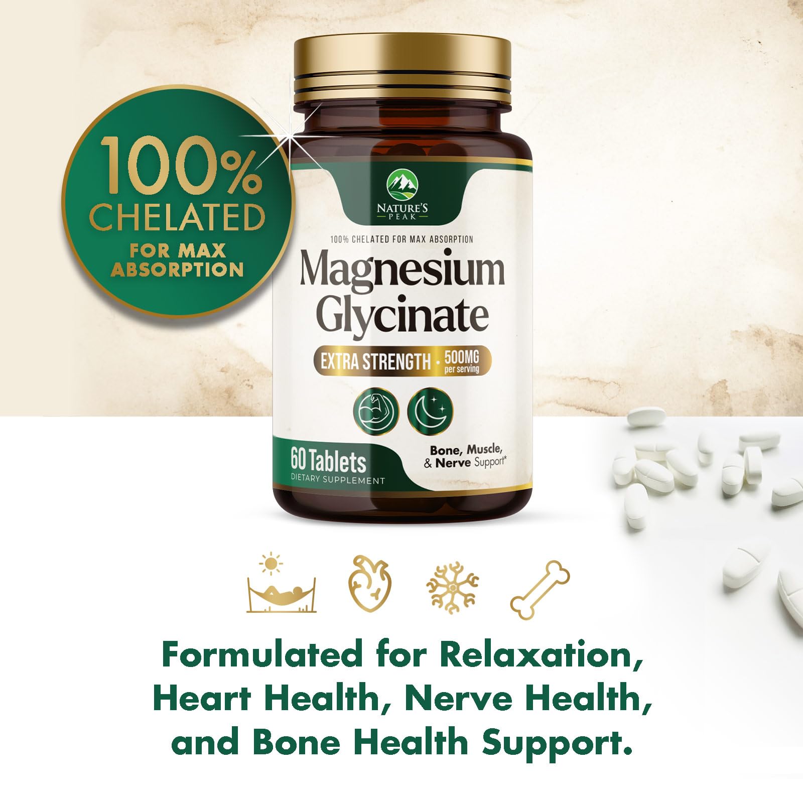 Magnesium Glycinate 500mg Per Serving - High Absorption Chelated Magnesium Supplement for Muscle, Bone and Heart Health Support - Easy Digestion & Gentle on Your Stomach - USA Bottled - 60 Tablets Nature's Peak buy supplements canada
