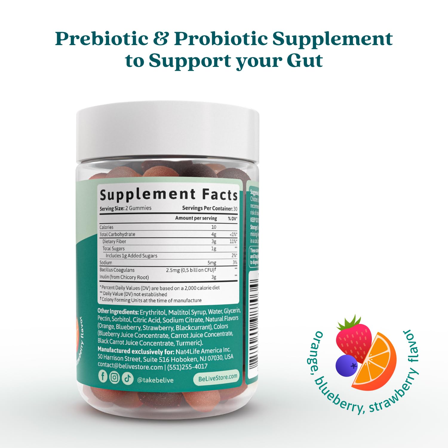 BeLive Synbiotics - Probiotic & Prebiotic Fiber Gummies – High Strength Inulin (3g), Dietary Fiber Supplement, Digestive Support for Kids & Adults - Strawberry, Orange, BeLive buy supplements canada