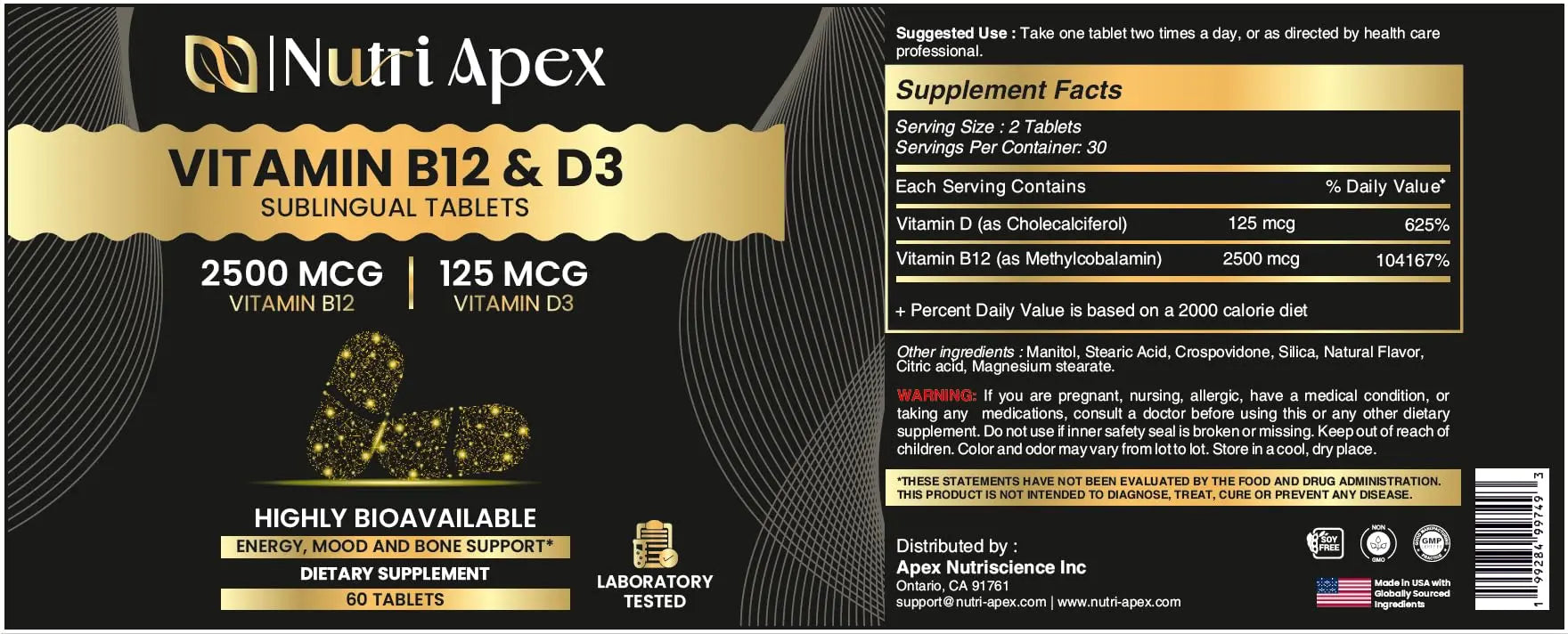 Nutri Apex Vitamin B12 & D3 Sublingual Tablets - 2500 mcg B12 & 125 mcg (5000 IU) D3 - Highly Bioavailable for Energy, Mood & Bone Health - Lab-Tested Nutri Apex buy supplements canada