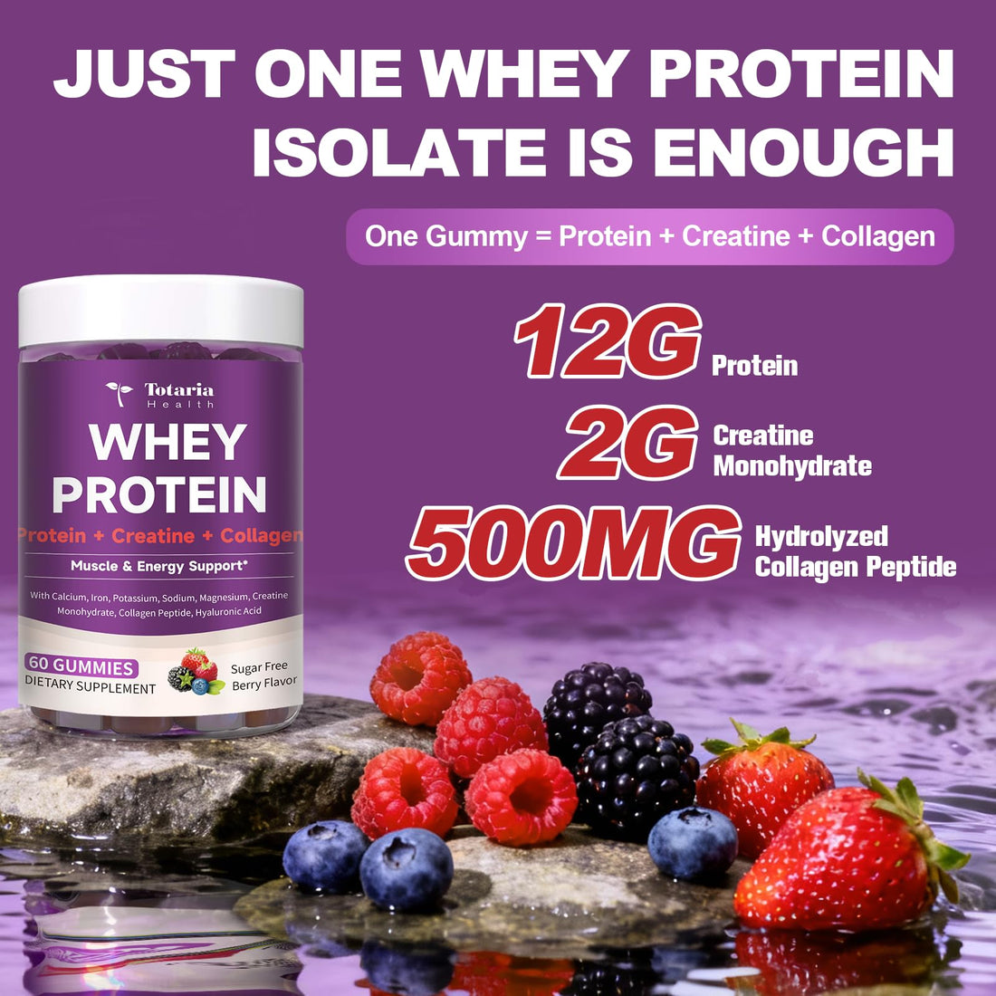 3 in 1 Whey Protein Gummies | Creatine Monohydrate | Collagen, 0 Sugar, Pure Protein Source, Muscle & Energy Support, Berry Flavor, for Women and Men Totaria buy supplements canada