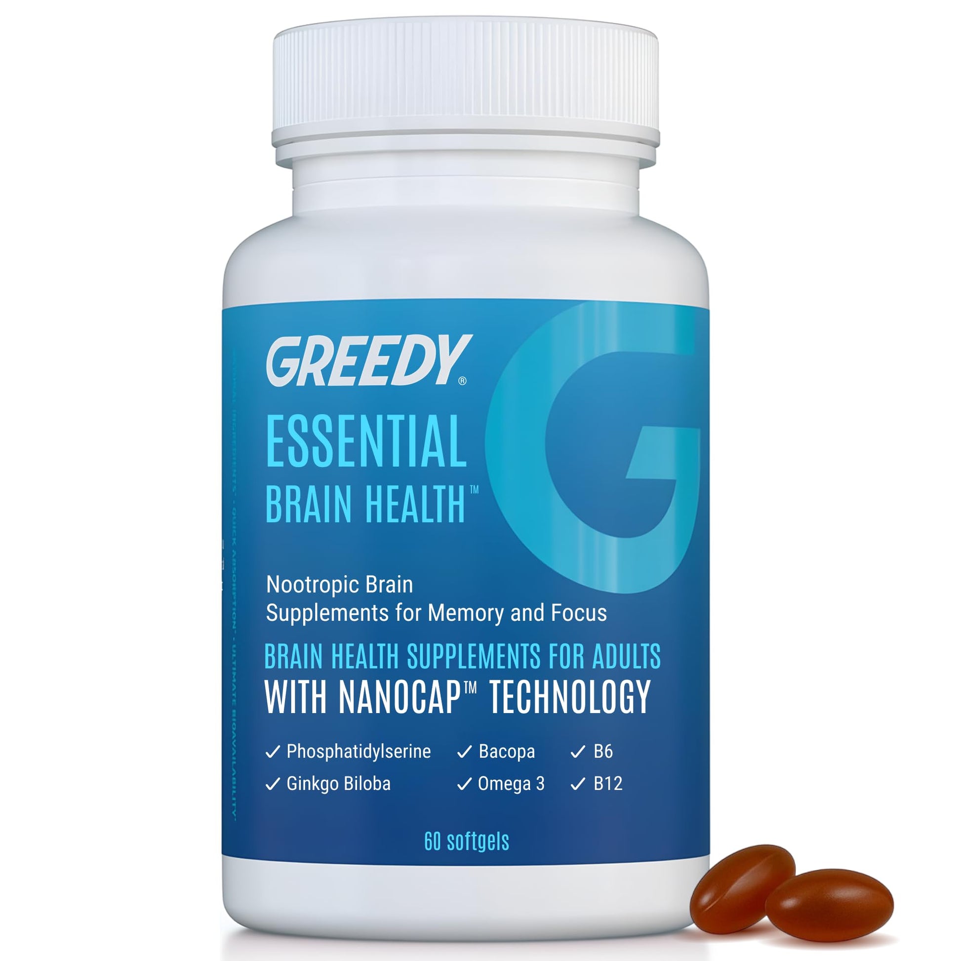 Essential Brain Health Supplements Nootropic for Memory and Focus – for Adults with NanoCap® Technology, Phosphatidylserine, Bacopa, Ginkgo Biloba, Omega 3, B6, B12, 60 Softgels by Greedy® Nutrition Platinum Health buy supplements canada