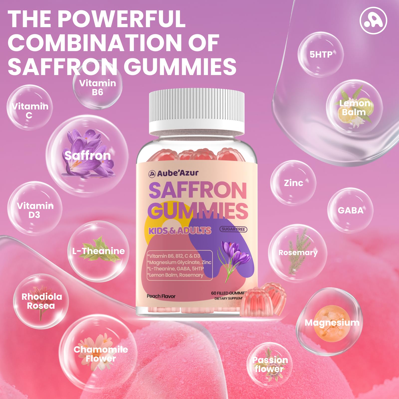 Saffron Gummies for Kids Adults 88.5mg, 15-in-1 Saffron Supplements for Kids, with B6, B12, C, D3, Magnesium Glycinate, Zinc for Nerve, Rest, Focus, Sugar Free, Vegan, Non- GMO, Peach Flavor, 60 Count Aube'Azur buy supplements canada
