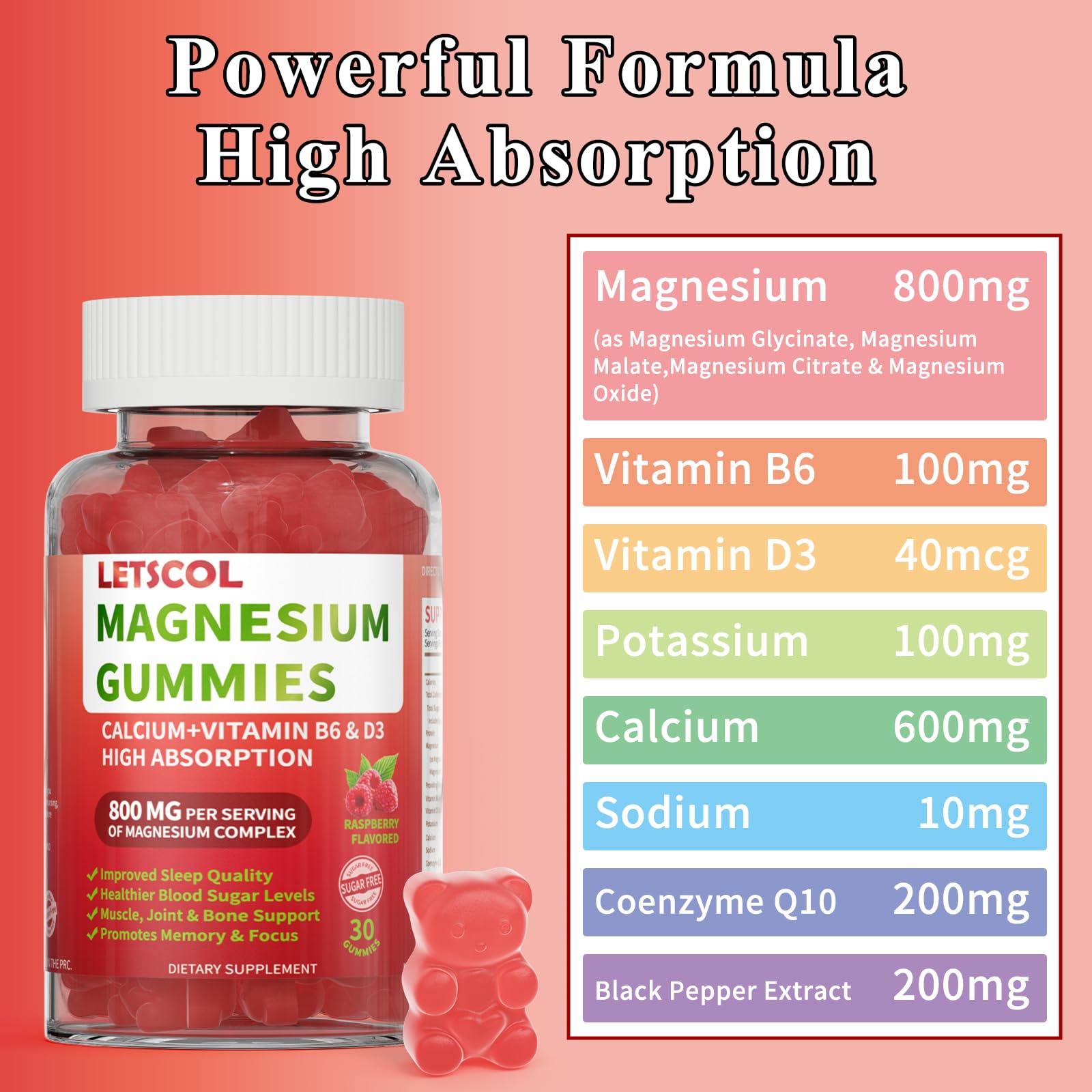 LETSCOL Magnesium Glycinate Gummies 800mg Per Serving, Sugar Free Magnesium Supplement with Magnesium Malate, Calcium, Vitamin D3, B6, CoQ10 for Calm Support & Zzz for Adults Kids LETSCOL buy supplements canada