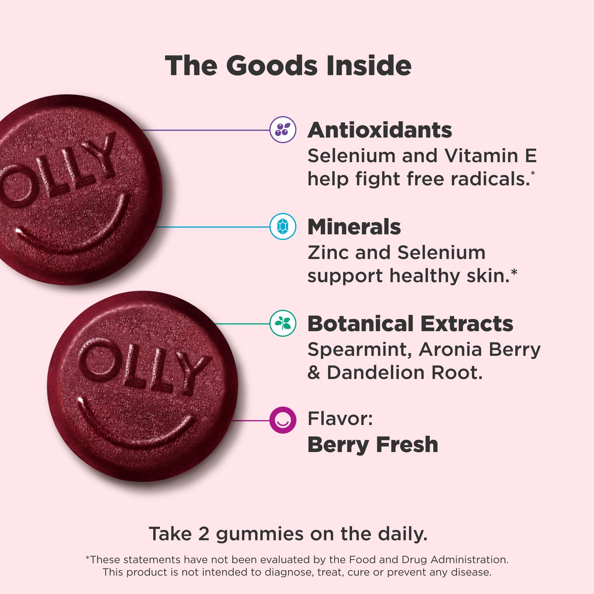 OLLY Flawless Complexion Gummy, Clear and Healthy Skin Support, Vitamins E, A, Zinc, Chewable Supplement, Berry - 50 Count (Pack of 1) OLLY buy supplements canada