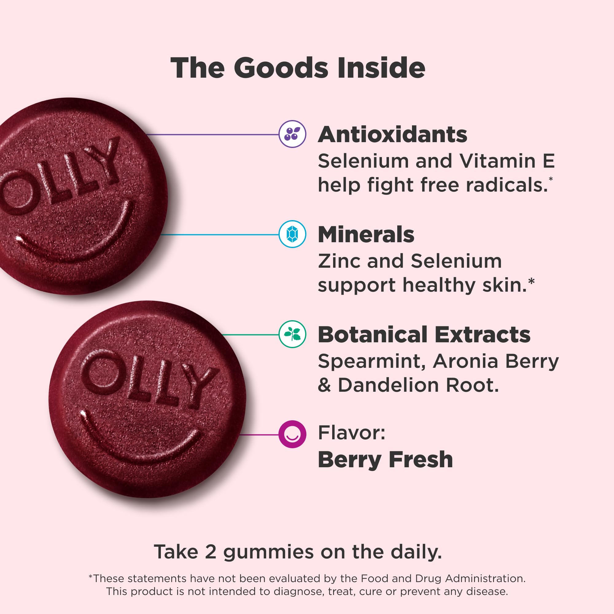 OLLY Flawless Complexion Gummy, Clear and Healthy Skin Support, Vitamins E, A, Zinc, Chewable Supplement, Berry - 50 Count (Pack of 1) OLLY buy supplements canada