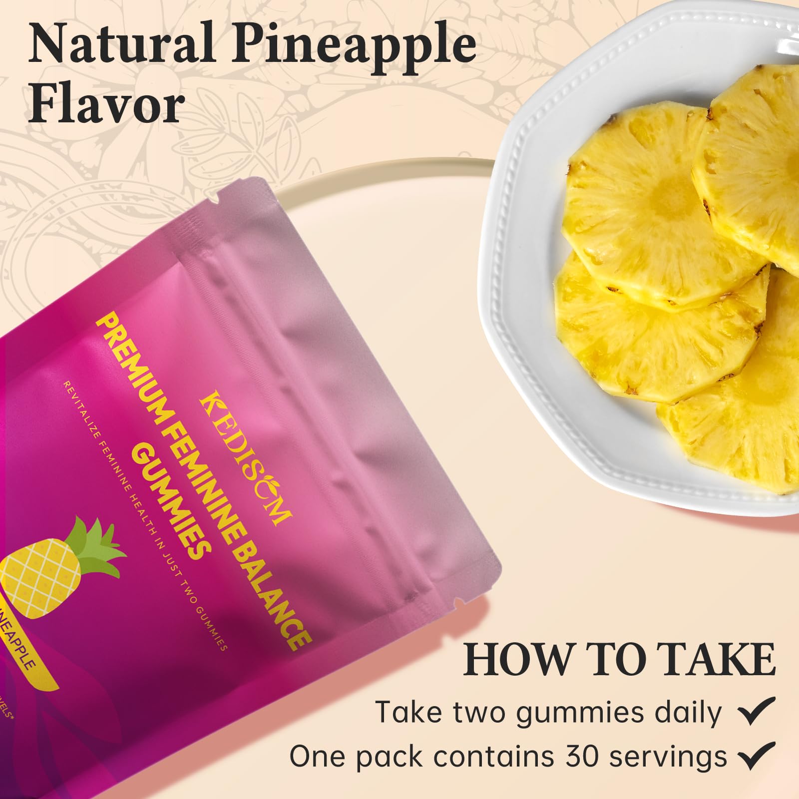 KEDISOM Premium Feminine Balance Gummies - for Women’s Health & Wellness - Immune Support - Vegan, Gluten-Free - Hawaiian Pineapple - 60 Gummies - 30 Servings KEDISOM buy supplements canada