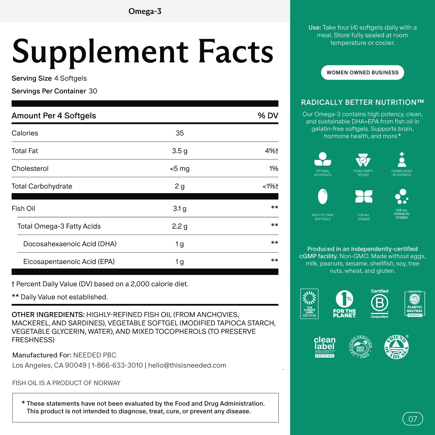 Needed. Prenatal Omega-3 - High Potency Dose of Sustainably Sourced Fish Oil, 1000mg DHA, 1000mg EPA, Encased in a Gelatin-Free, Plant-Based Softgel Shell Needed. buy supplements canada