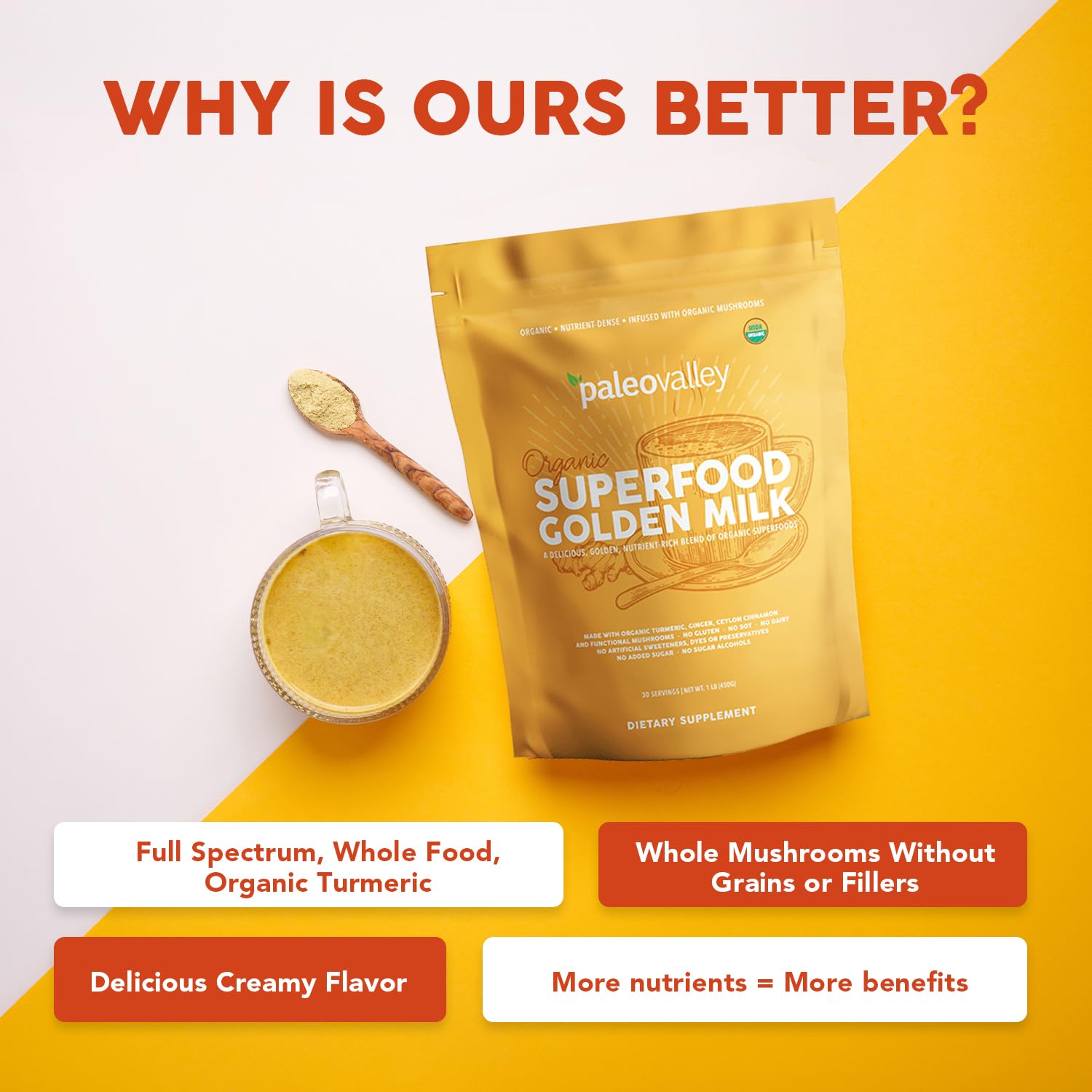 Paleovalley Organic Superfood Golden Milk - Immune, Focus, Cognitive, Longevity - Turmeric, MCT-Rich Coconut Milk, Functional Mushrooms, 30 Servings Paleovalley buy supplements canada